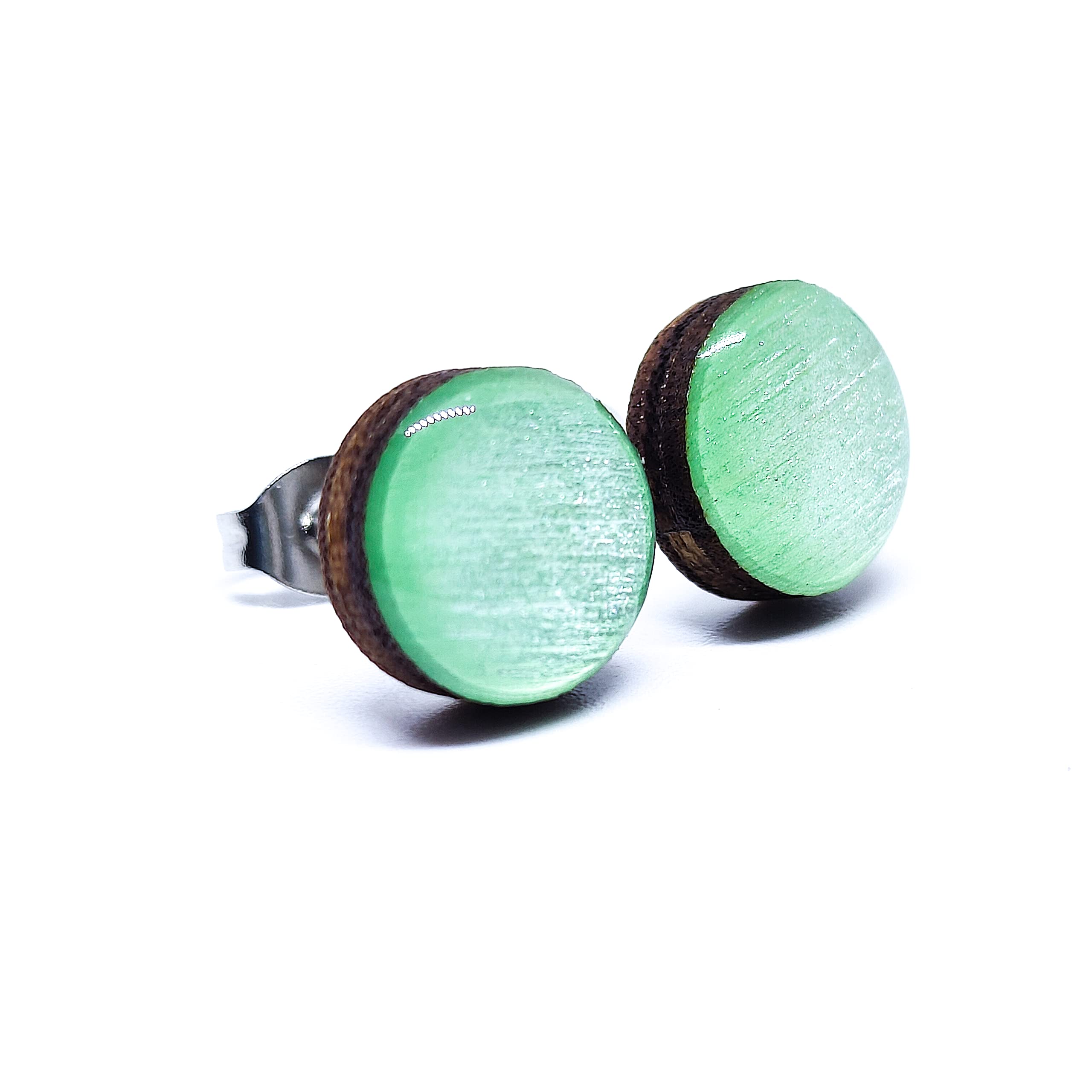 Handmade 10mm Shimmer Stud Earrings for Women & Men - Hypoallergenic Stainless Steel Posts for Sensitive Ears - Mint Green Shimmer Jewelry for Everyday Wear & Special Occasions