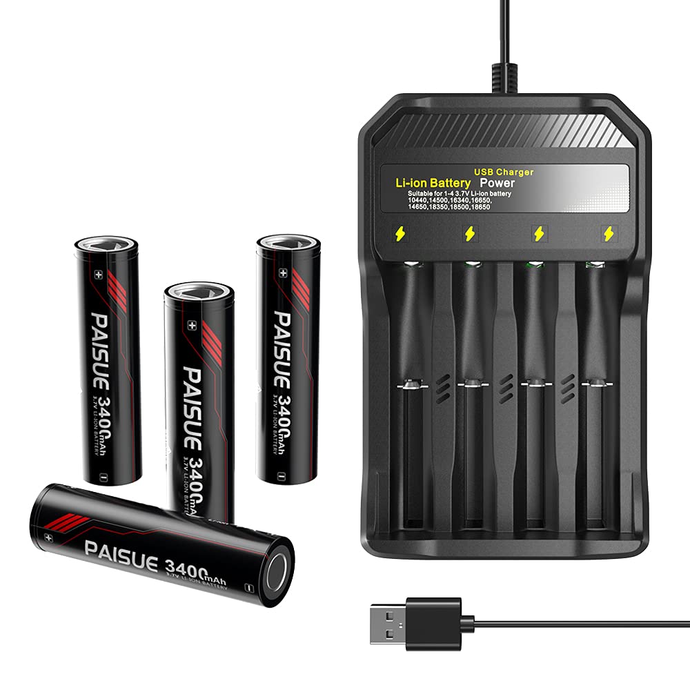 3.7V 3400mAh Rechargeable Lithium Battery with 4-Bay USB Charger - Universal Adjustable Power for Flashlights, Headlamps, RC Cars, Cameras & Doorbells (4-Pack) - Perfect for Outdoor Adventures, Home Security & Emergency Power Backup