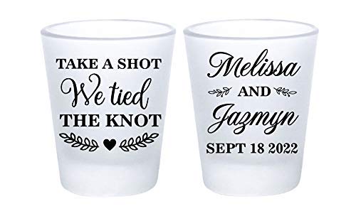 Personalized Wedding Shot Glasses - Frosted Bulk Favors for Guests - 'Take a Shot We Tied the Knot' Custom Bridal Party Gifts - Perfect for Receptions, Bachelorette Parties & Anniversary Celebrations