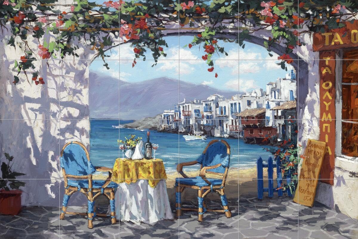 Ceramic Backsplash Tile Mural - Water View Landscape Artwork for Kitchen, Bathroom & Shower - 'Meeting in Mykonos' by Sam Park/Soho Editions - Perfect for Coastal, Mediterranean & Modern Home Decor