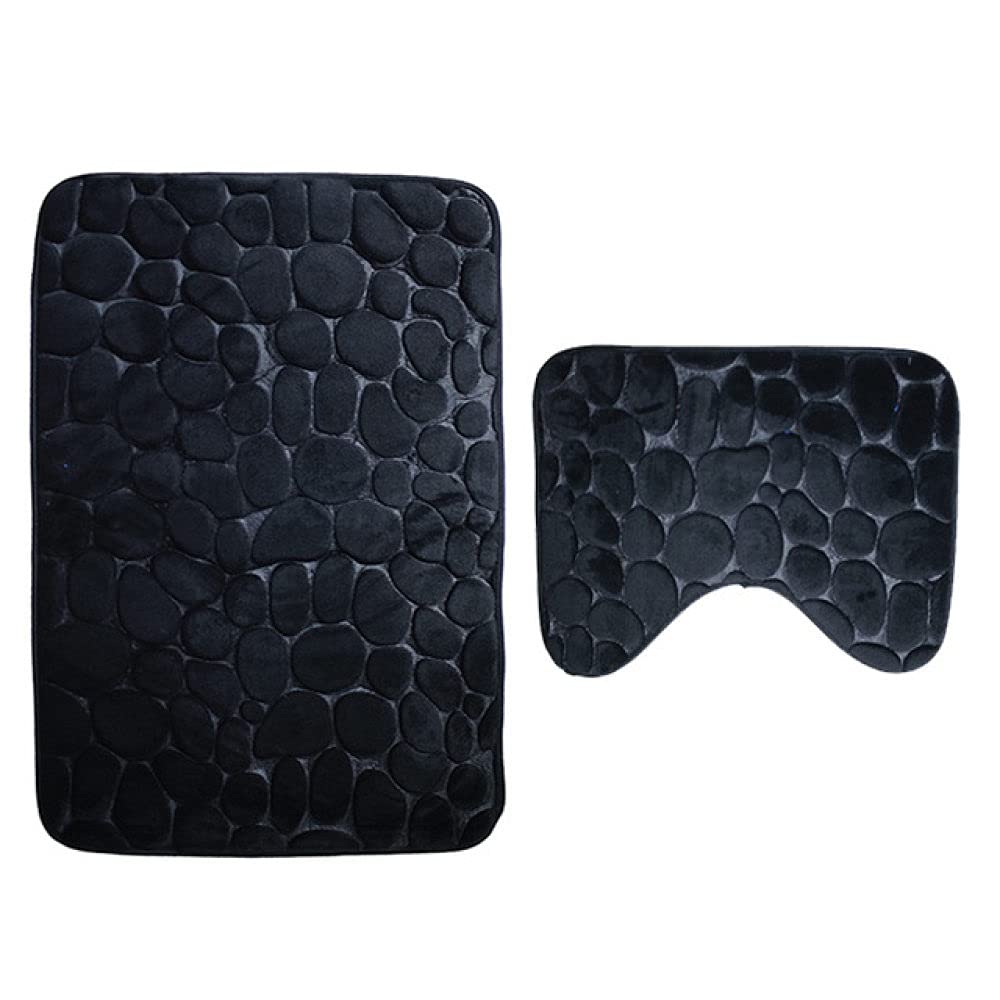 2-Pack Non-Slip Bathroom Rug Set - Cobblestone Textured Shower Mat & Toilet Rug, Soft Absorbent Microfiber, Black - Perfect for Bathroom, Shower & Bathtub Safety