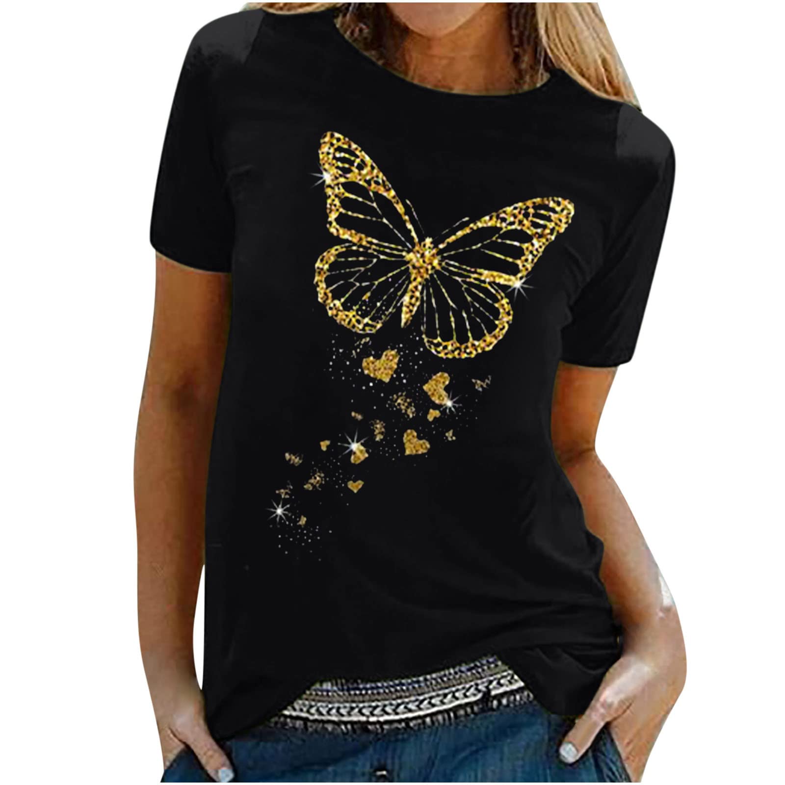 cllios Women's Short Sleeve Butterfly Print Blouse - Round Neck Casual Tunic Top for Summer, Work & Everyday Wear | Breathable Comfort Tee Shirt