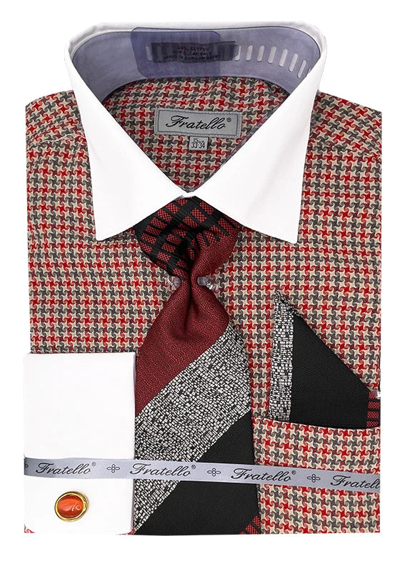 Stylish Red Plaid Dress Shirt Set with Matching Tie & Pocket Square | Perfect for Weddings, Business Meetings & Formal Events