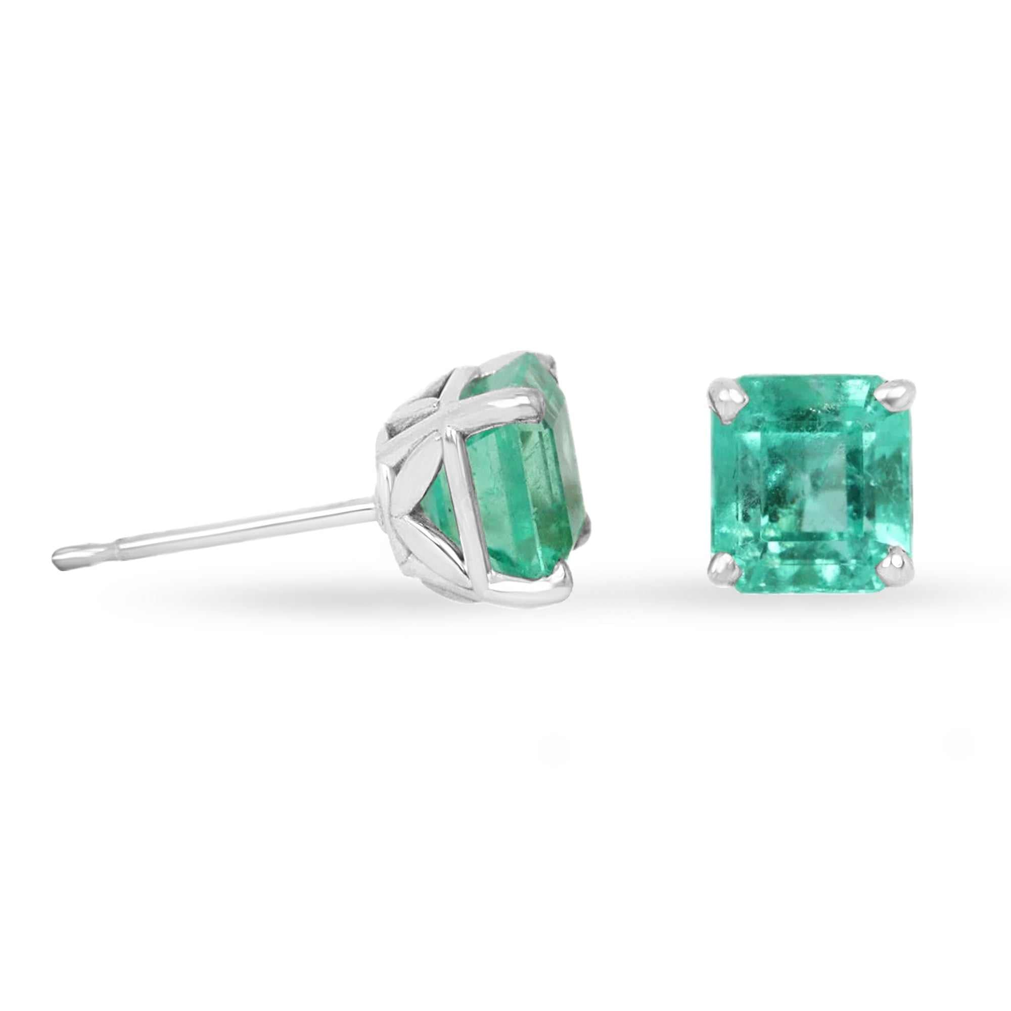 2.75tcw Asscher Cut Emerald Stud Earrings in 14K White Gold - Floral Inspired Design for Weddings, Parties & Special Occasions