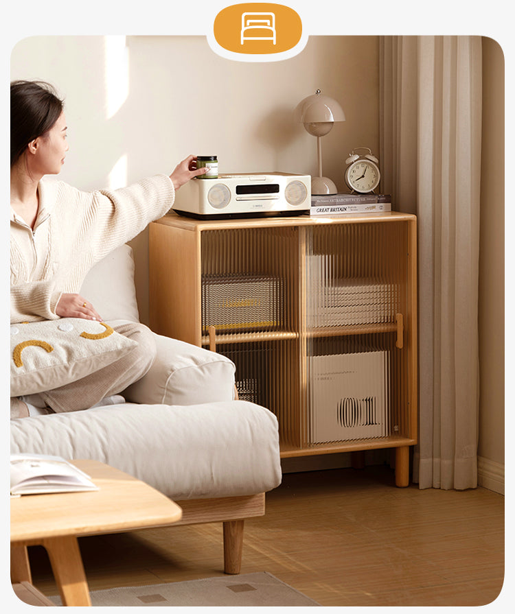 Solid Beech Wood Sliding Door Side Cabinet - Modern Storage Solution for Bedroom, Living Room & Office