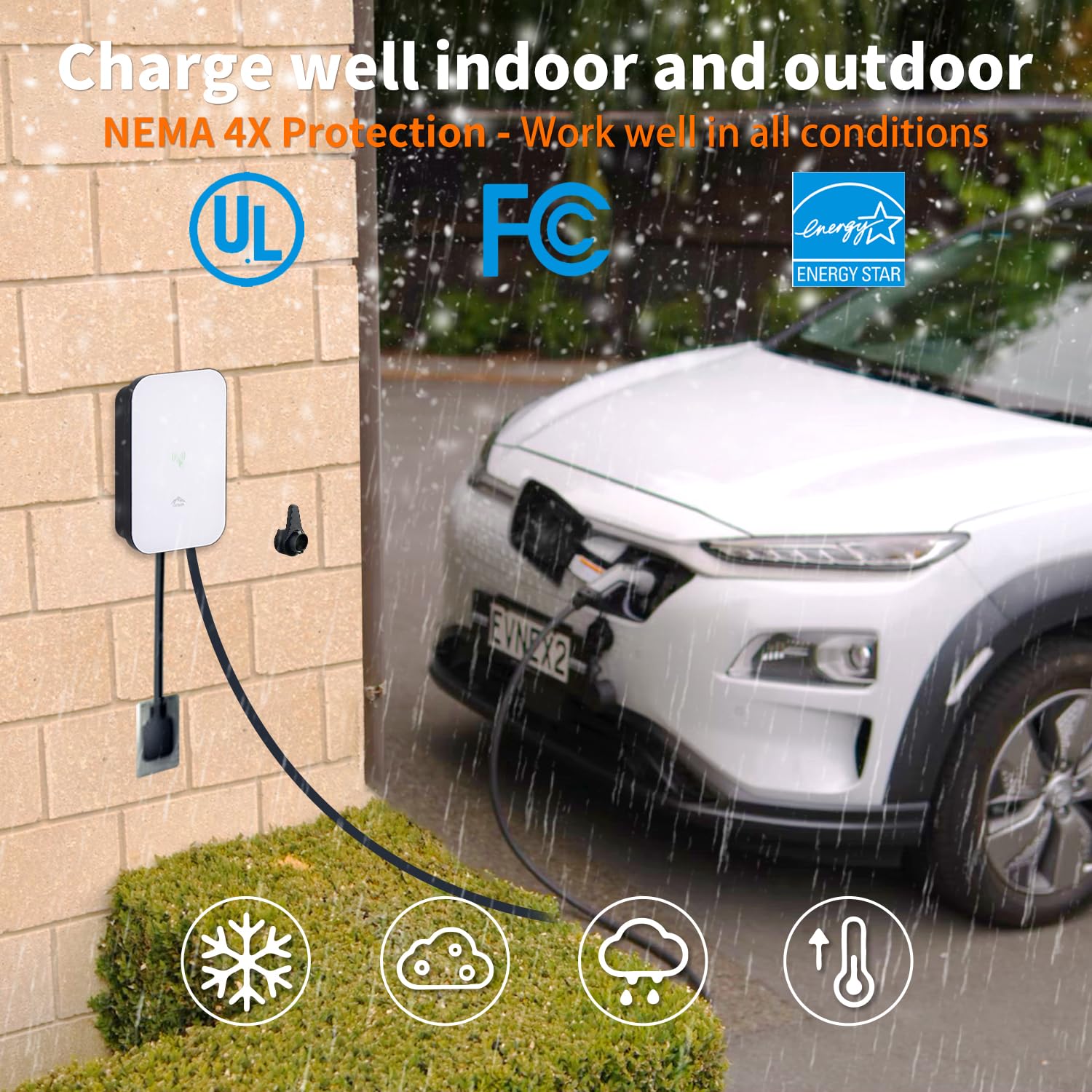 48 Amp 240V Level 2 EV Charger with NEMA 14-50 Plug - Indoor/Outdoor Use, Metal Case, 25ft Cord - WiFi/RFID/App Control & Tesla Adapter Compatible - Fast Charging for Home, Office & Public Parking