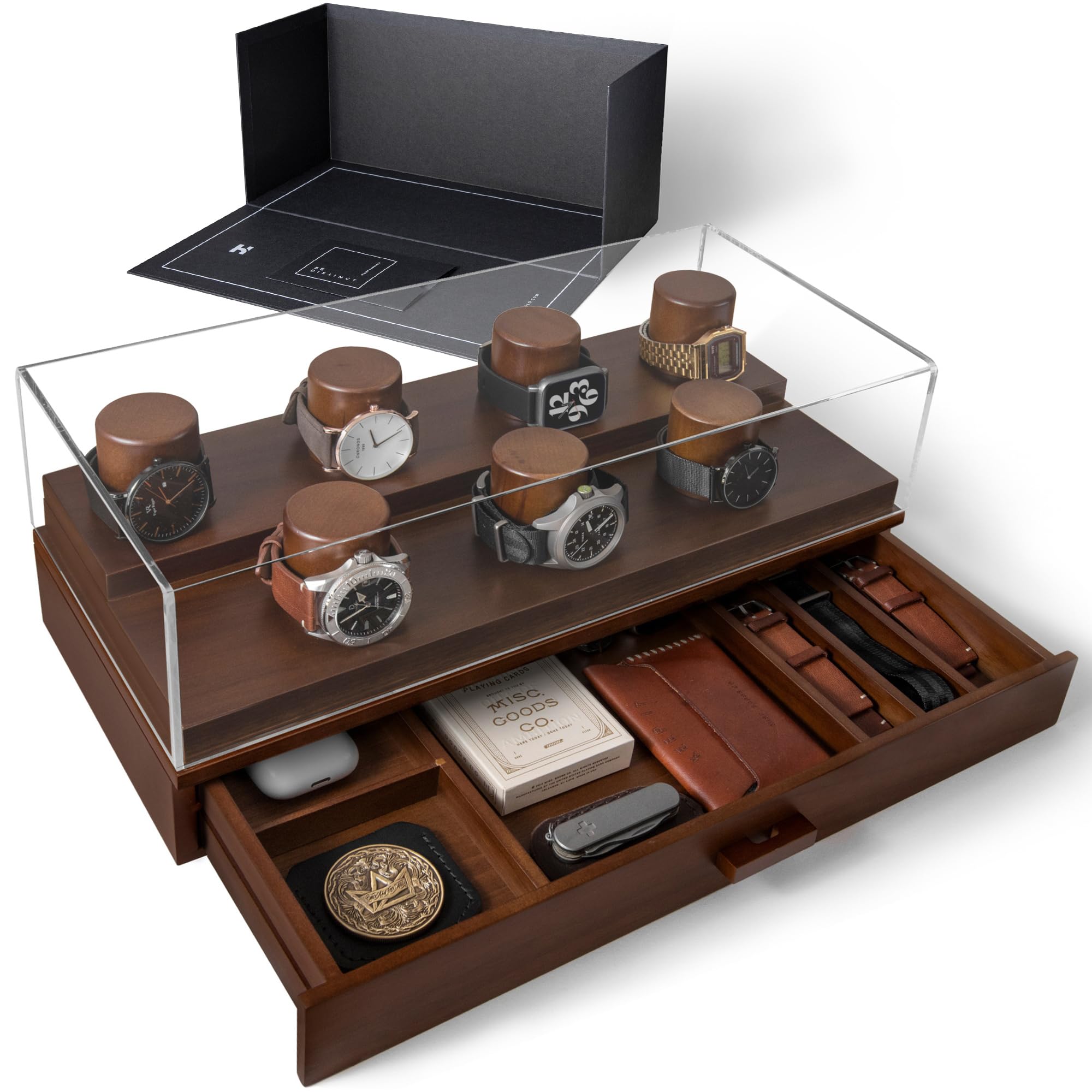 Holme & Hadfield Premium Wooden Watch Display Case for 7 Watches – Luxury Watch Organizer Box with Glass Top – Perfect Birthday Gift for Men & Watch Collectors – Lifetime Warranty – Ideal for Home, Office & Travel Storage