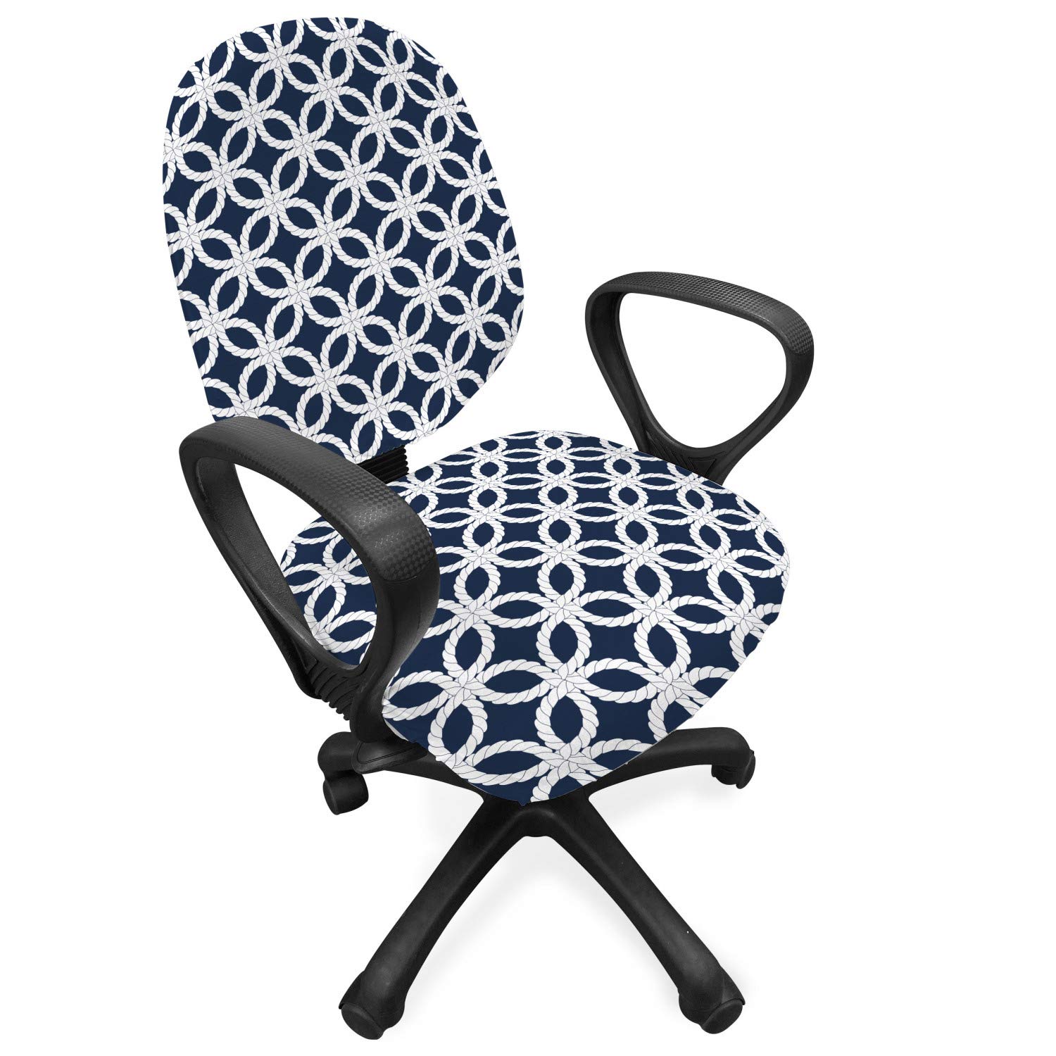 Ambesonne Navy Blue Office Chair Slipcover - Geometric Ocean Travel Pattern Stretch Fabric Cover, Standard Size (Dark Blue & White) - Perfect for Home Office, Gaming Chair, or Dining Room Seat Protection