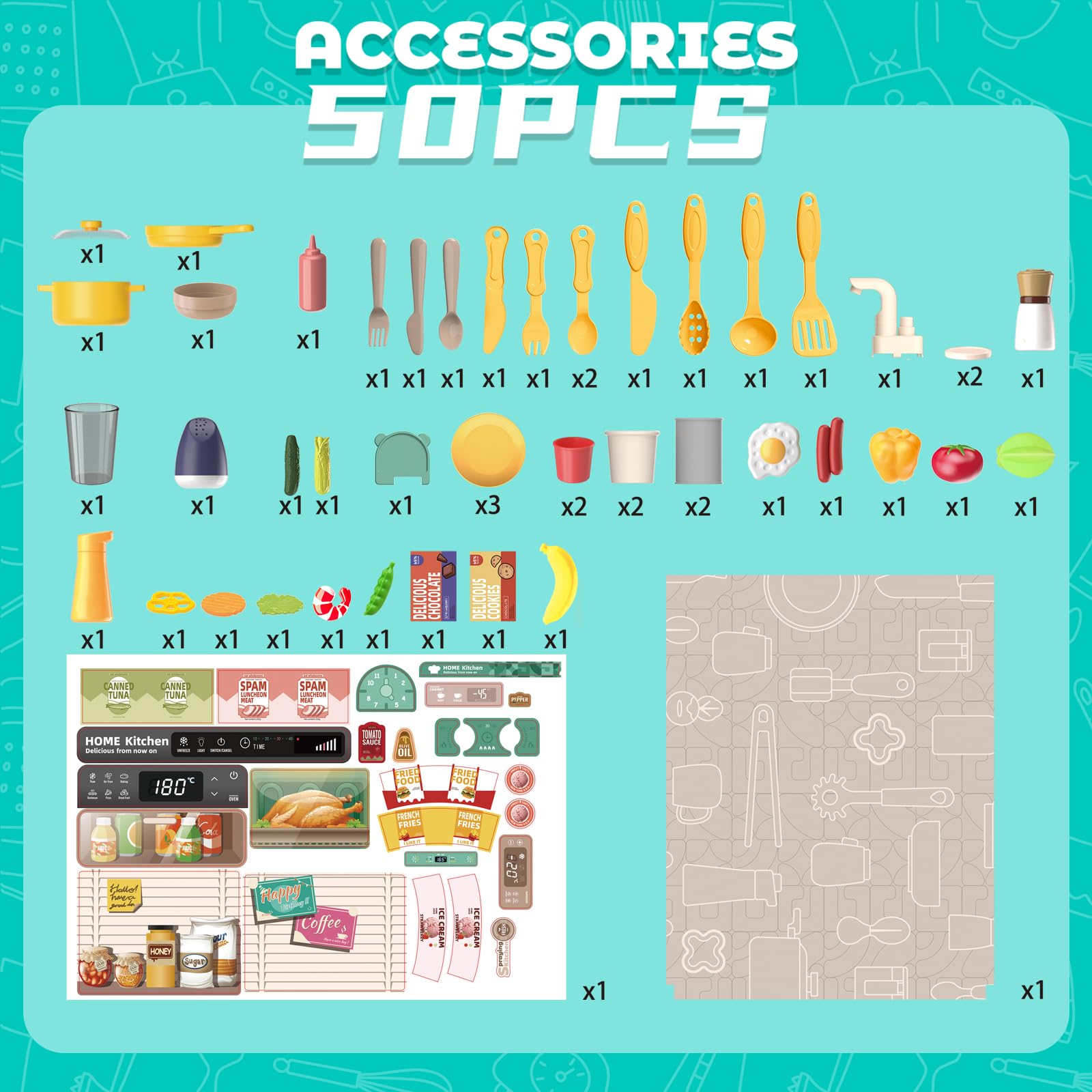 **deAO 50PCS Kids Play Kitchen Set with Sounds, Lights & Steam - Pretend Cooking Toy for Boys & Girls Ages 2-12 - Perfect Birthday & Christmas Gift for Toddlers - Fun Role-Playing for Home & Preschool Learning**