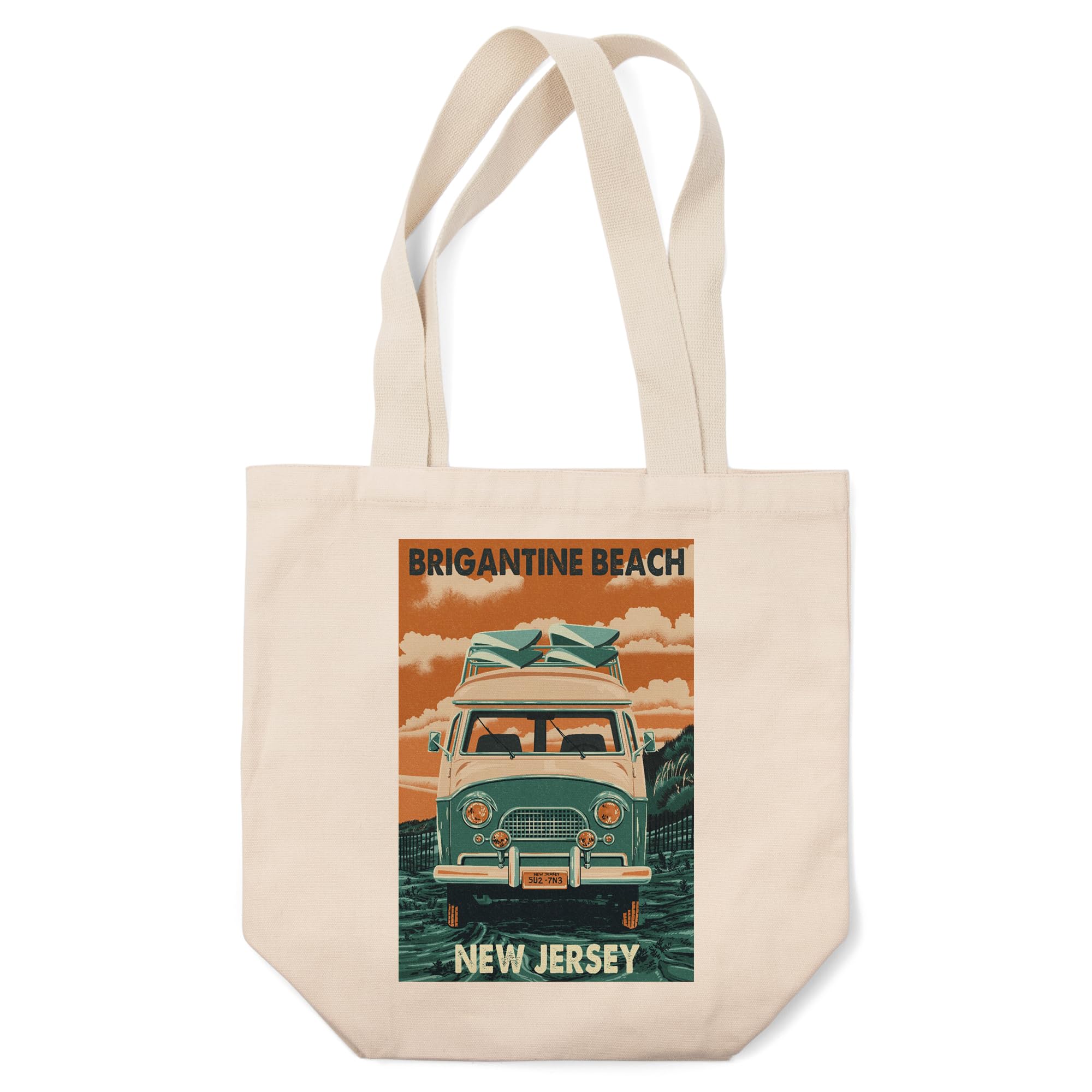 Brigantine Beach New Jersey Letterpress Camper Van Tote Bag - 100% Cotton Canvas Reusable Shopping Bag for Beach Trips, Groceries & Everyday Use