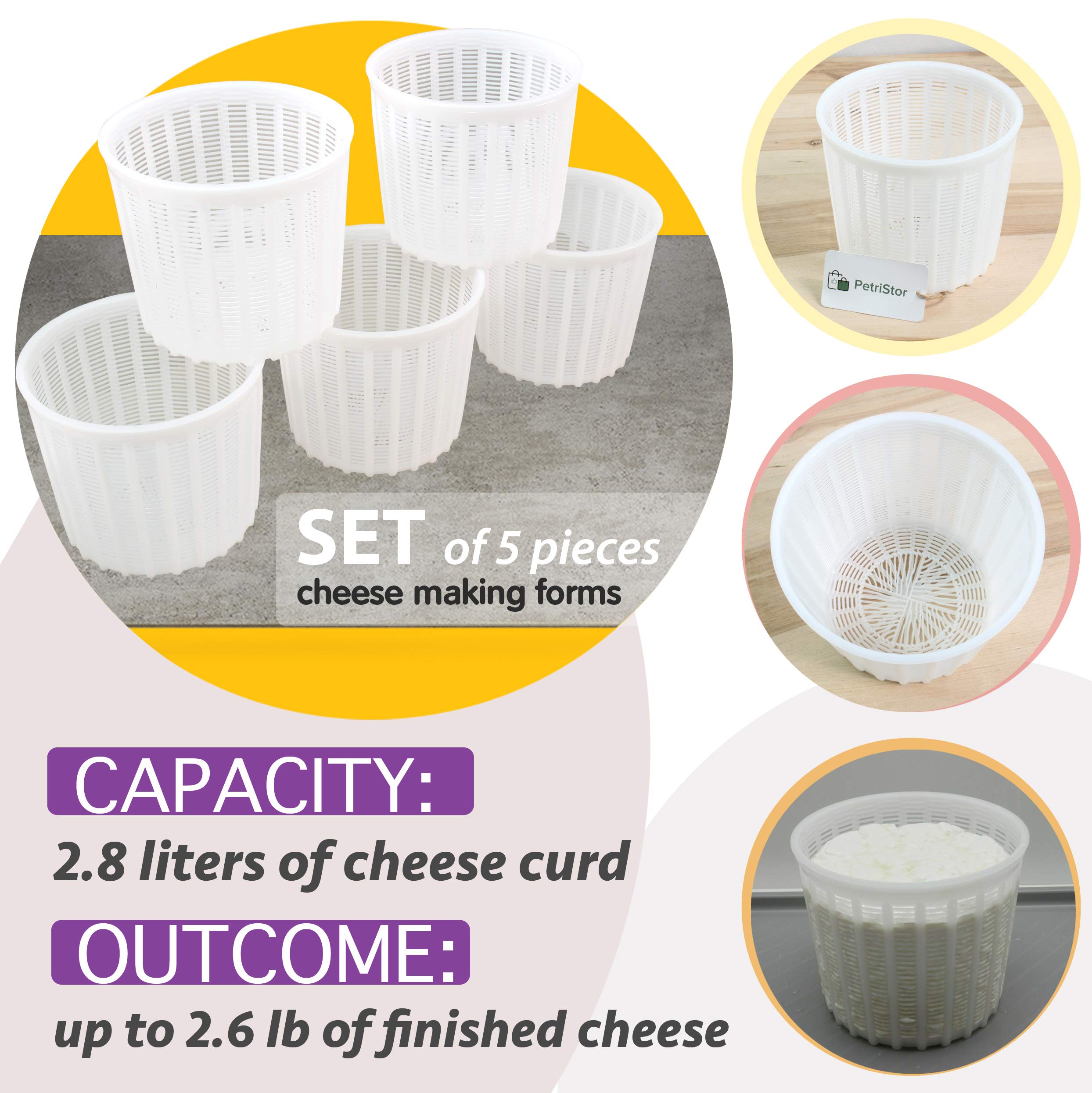5-Piece Soft Cheese Mold Set for Homemade Cheese Making - 3 QT Cream Cheese, Feta & Ricotta Mold Basket - DIY Cheese Forming Supplies - Perfect for Artisan Cheesemaking, Home Kitchens & Gifts (Molde Para Queso Fresco Casero)