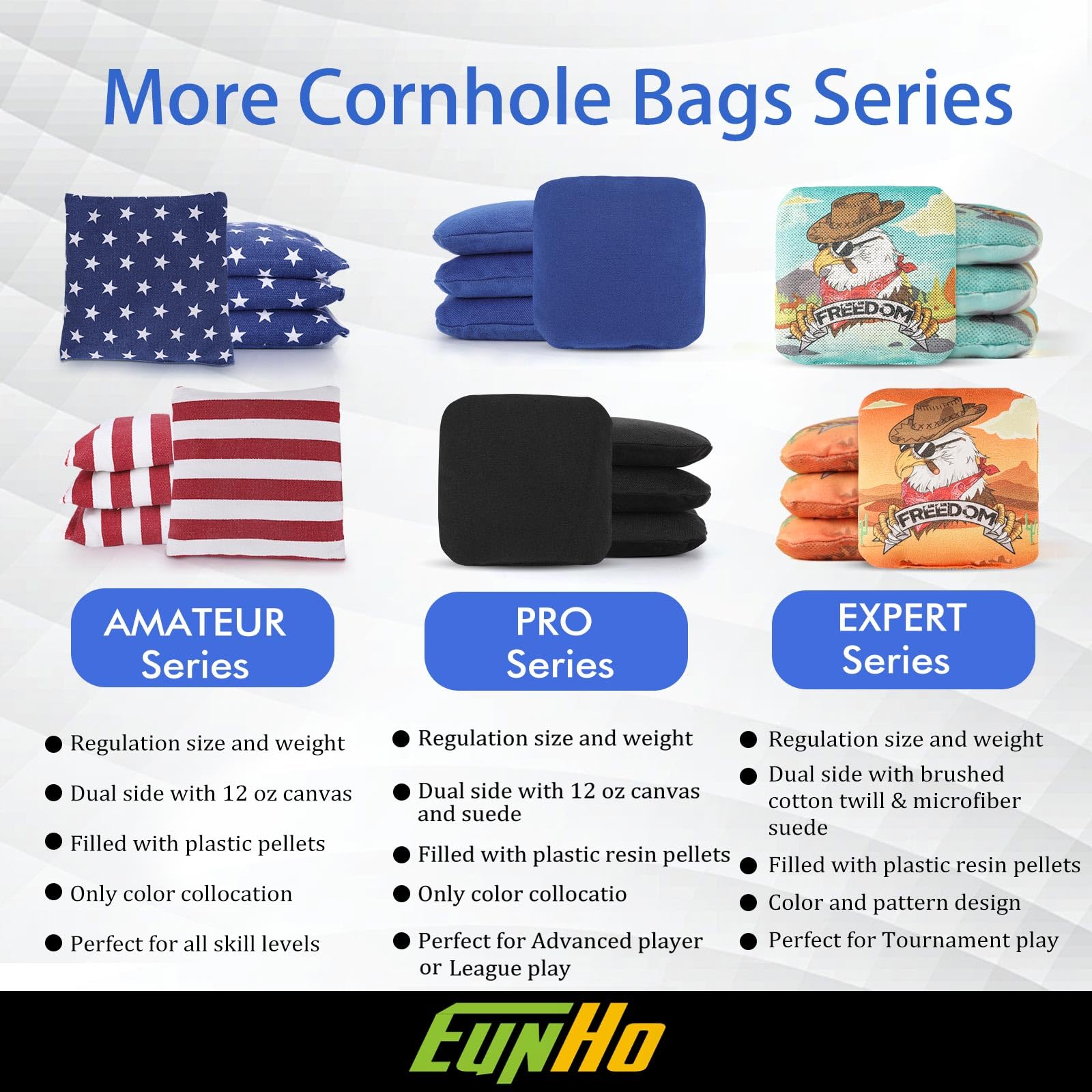 EunHo Professional Regulation Cornhole Bags Set - 8 Dual Sided Slick & Stick Bean Bags for Outdoor Tossing Games - All Weather Durable for Backyard, Tailgating & Beach Parties