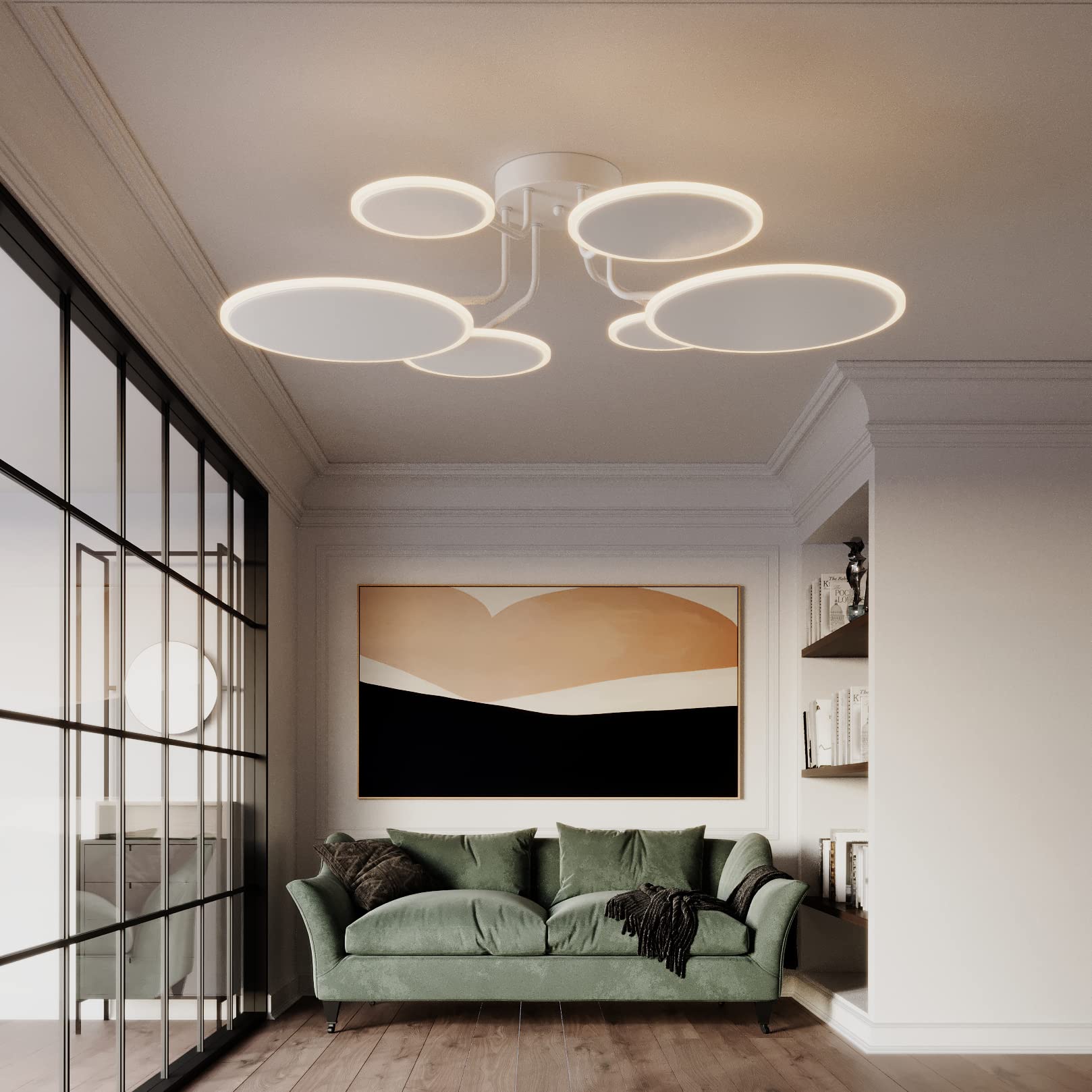 Modern LED Ceiling Light Fixture with Remote Control - 6 Circle Dimmable Sputnik Chandelier for Living Room, Dining Room, Bedroom, Office & Restaurant | Energy-Efficient Close-to-Ceiling Lighting for Home & Commercial Spaces
