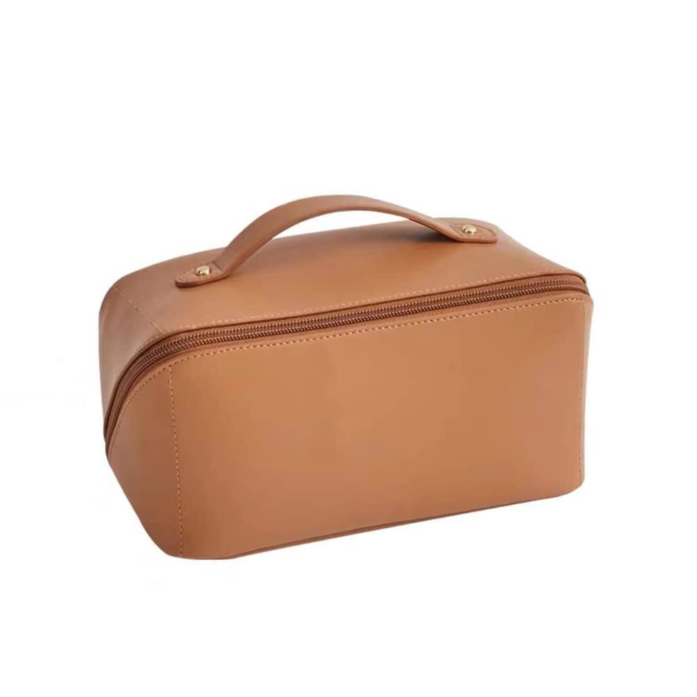 Large-Capacity Waterproof Leather Makeup Bag for Travel - Portable Cosmetic Organizer with Multiple Pockets (Khaki) - Perfect for Vacation, Gym & Daily Essentials Storage
