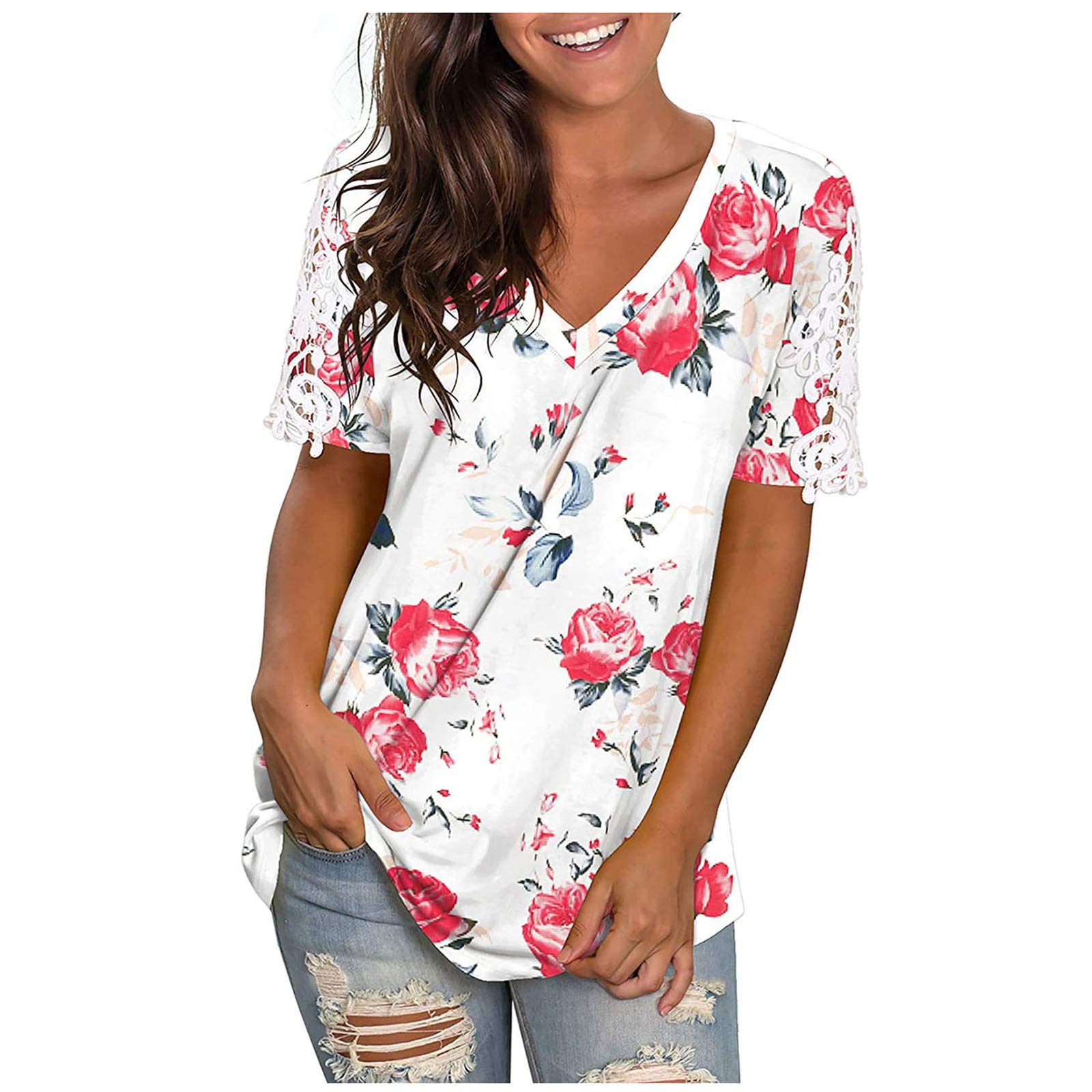 Women's Cute Summer Tops - Short Sleeve V-Neck Loose Casual Blouse with Printed Graphic Design | Perfect for Beach Outings, Vacation Wear & Everyday Casual Style
