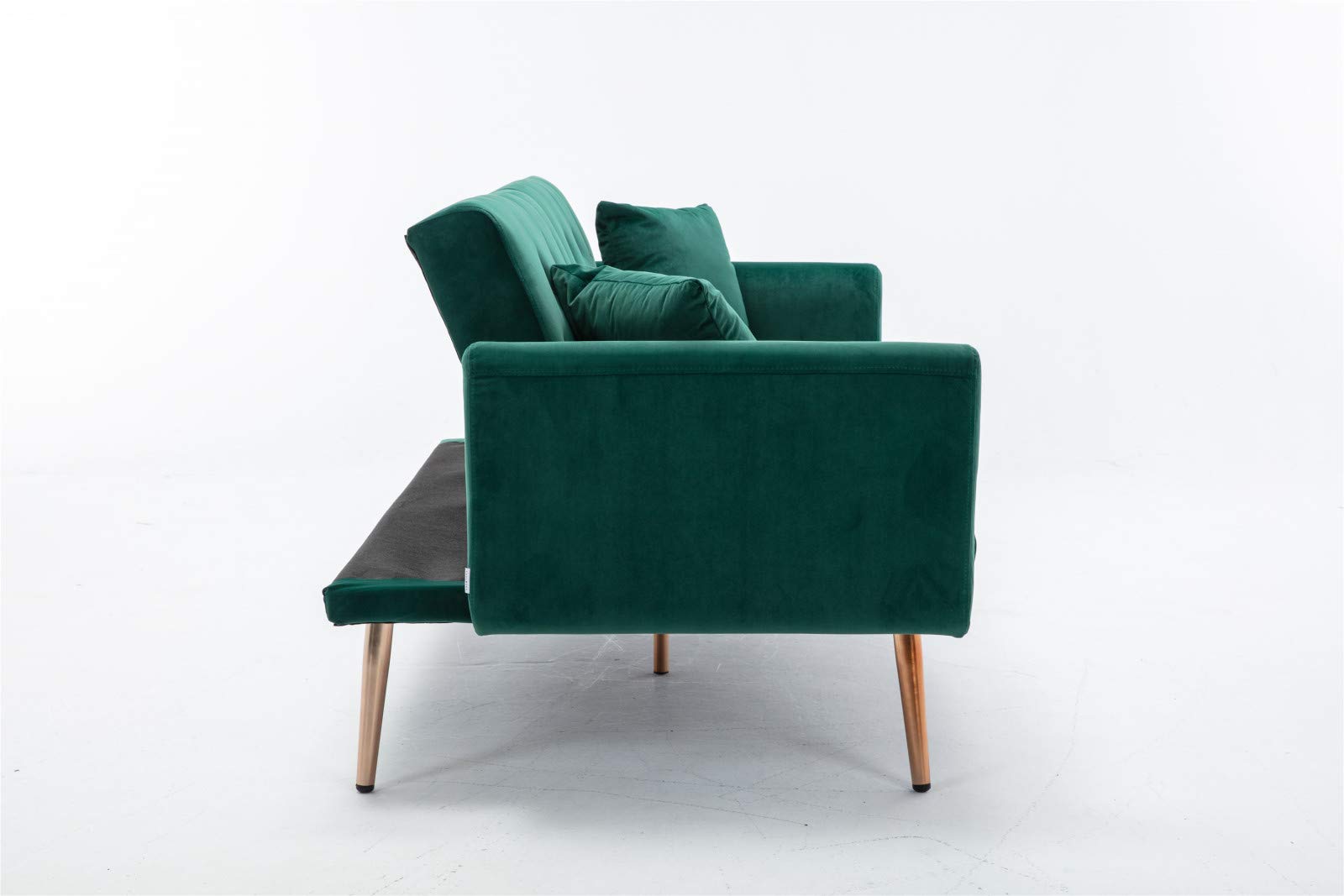 Velvet Futon Sofa Bed - Convertible Sleeper Sofa with 5 Golden Metal Legs & 2 Pillows - Modern Accent Loveseat Recliner for Living Room, Bedroom, Guest Room - Perfect for Small Spaces & Studio Apartments (Green)