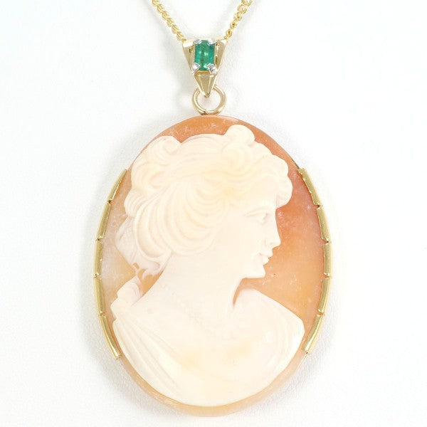 18K Yellow Gold Vintage Shell Cameo Emerald Necklace - Elegant Antique Jewelry for Women, Perfect for Weddings, Parties & Special Occasions