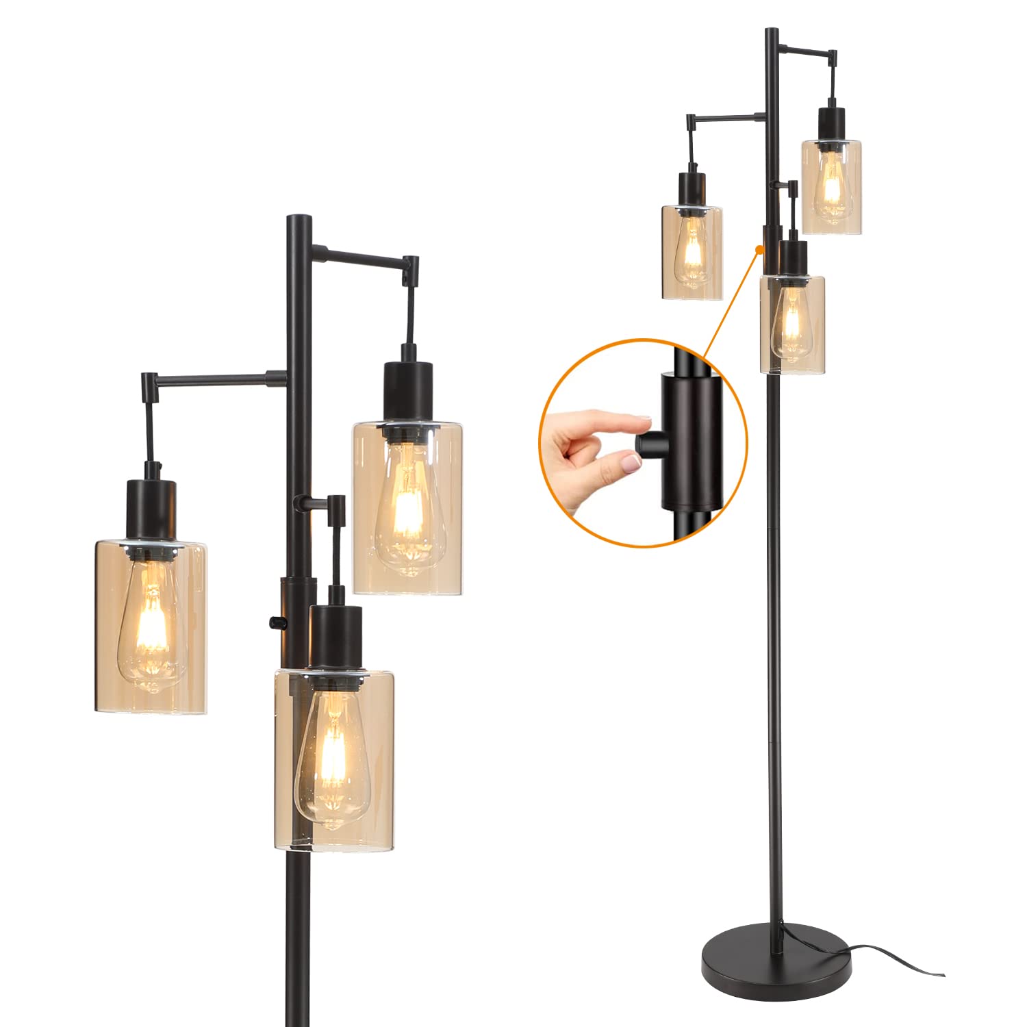 Liylan Farmhouse Floor Lamp - Dimmable Rustic Tree Standing Light with Amber Glass Shade, Oil Rubbed Bronze Finish, 3-Light Tall Pole Lighting for Living Room, Bedroom & Reading Nook | Perfect for Cozy Home Decor & Ambient Lighting
