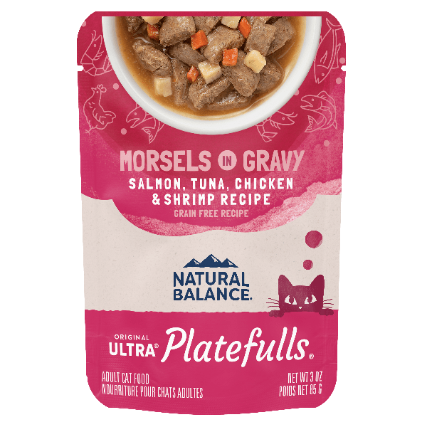 Natural Balance Platefulls Salmon, Tuna, Chicken & Shrimp Recipe Morsels in Gravy - Grain-Free Wet Cat Food Pouches for Adult Cats - Perfect for Mealtime, Travel & Picky Eaters