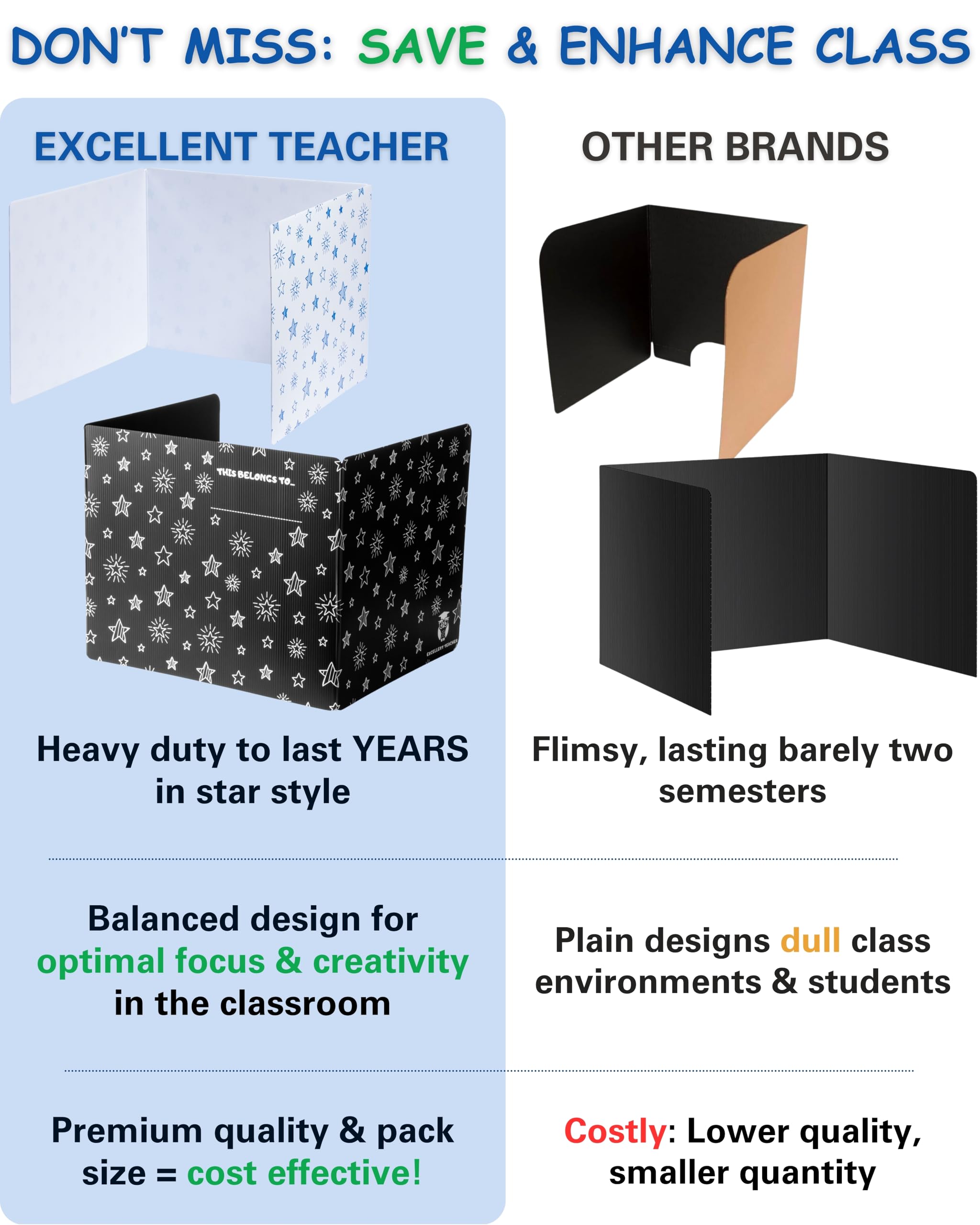 25 Black Plastic Privacy Folders for Students - Durable Desk Dividers for Classroom & Testing
