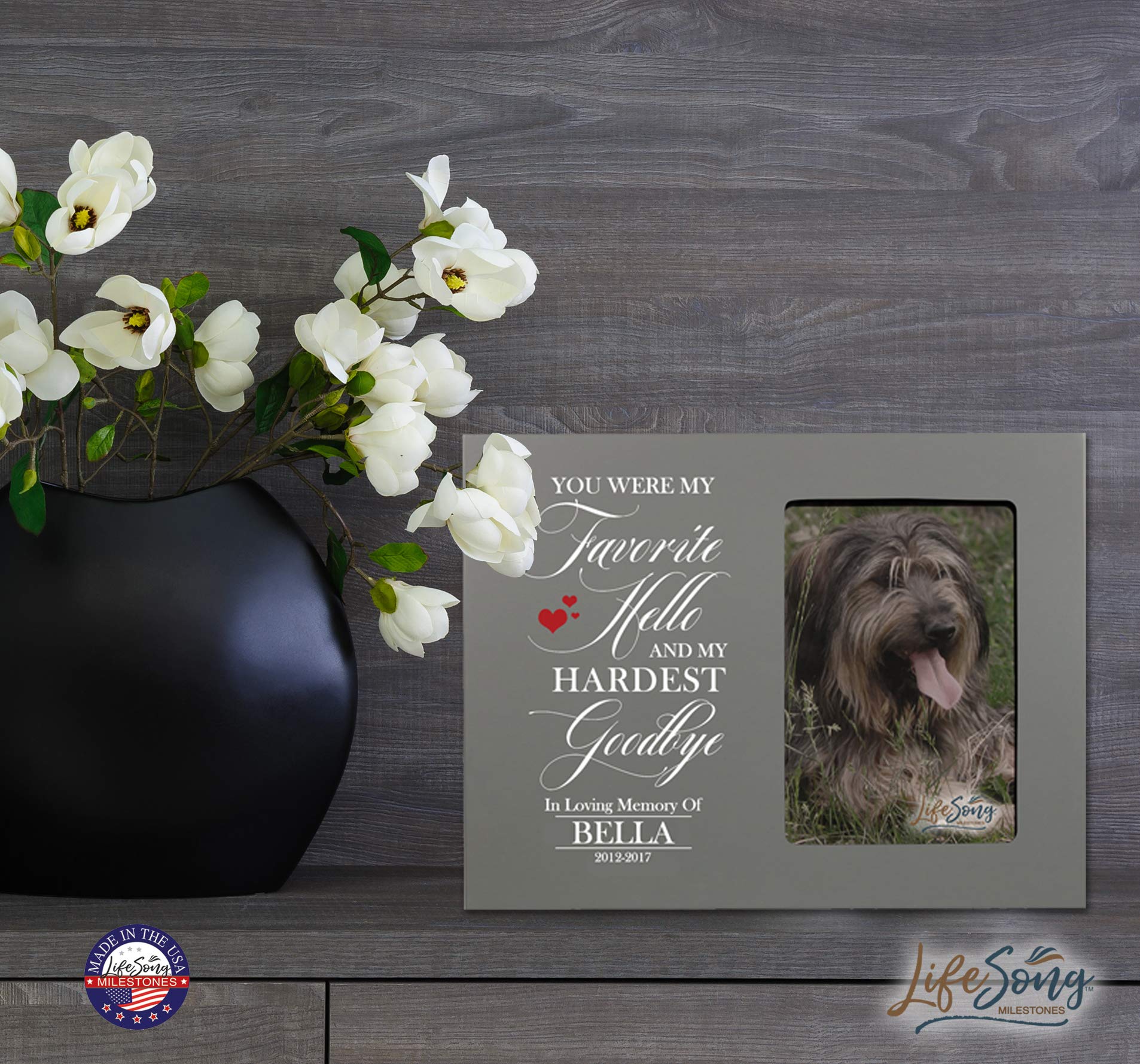 LifeSong Milestones Personalized Pet Memorial Picture Frame - Custom Sympathy Gift for Dogs - Holds 4x6 Photo in 8”x10” Grey Frame - Perfect for Pet Loss Remembrance & Home Decor