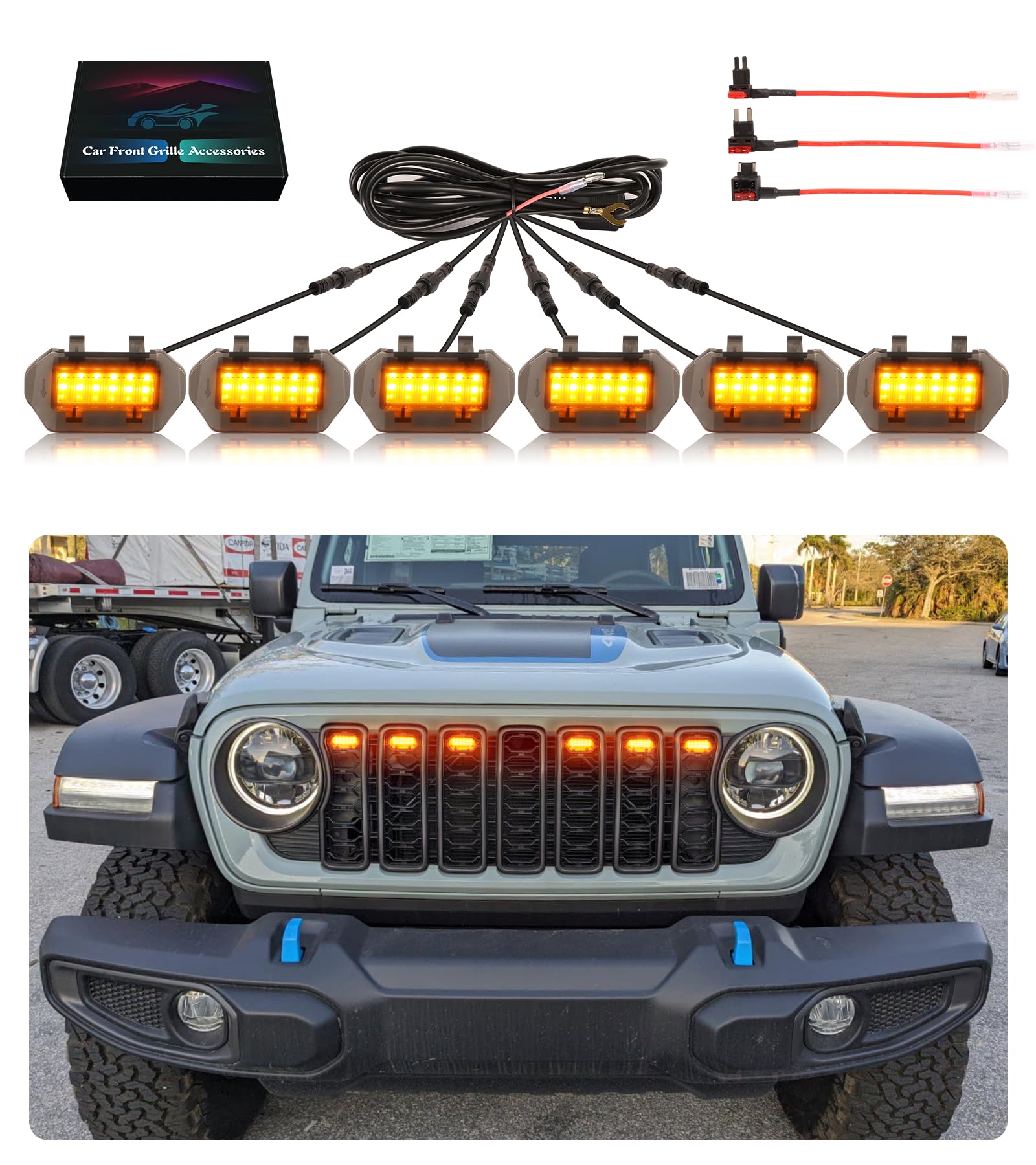 Jeep Wrangler JL JLU Front Bumper Grille LED Running Marker Lights - Yellow Off-Road Grill Lights for 2024-2025 Models | Perfect for Night Driving & Off-Road Adventures