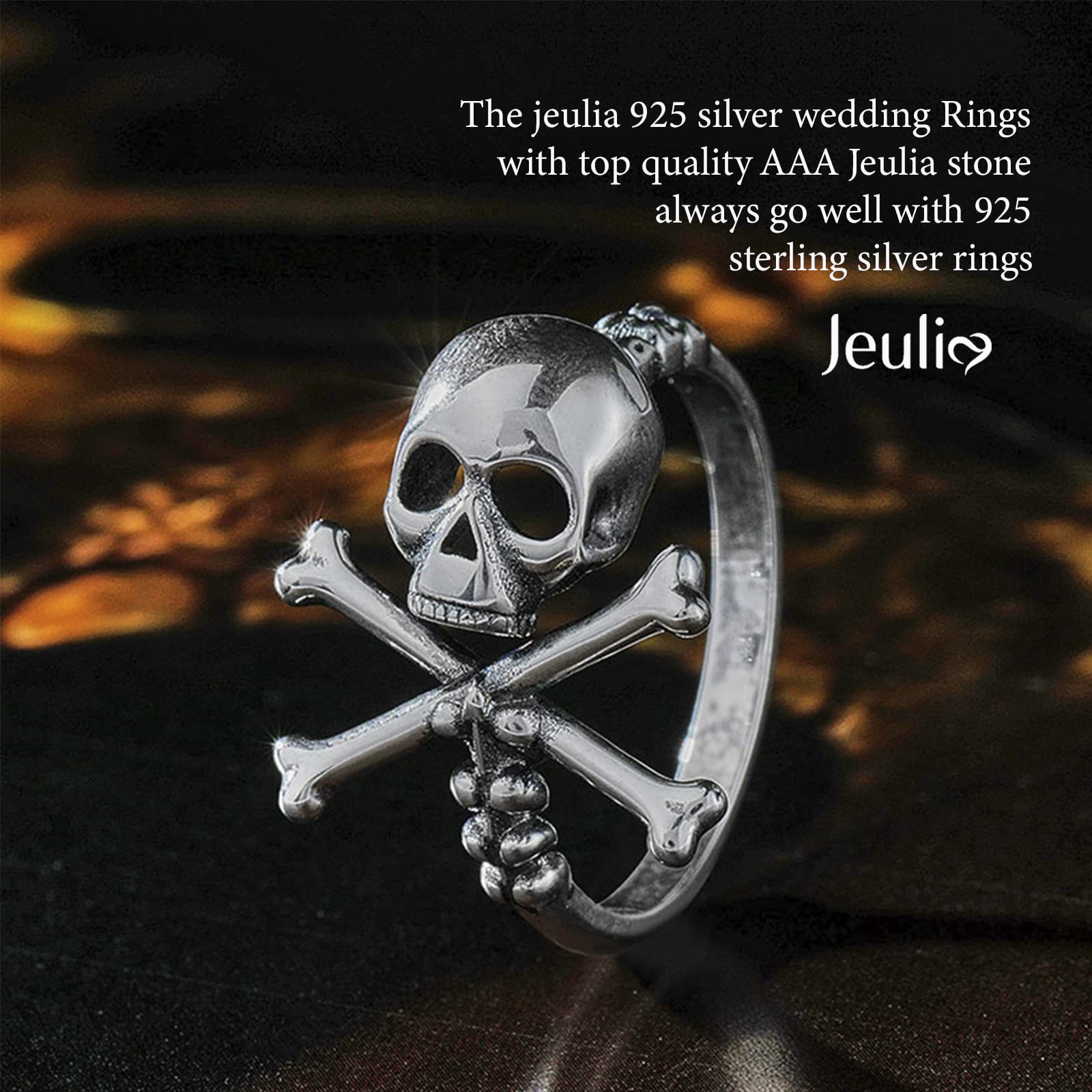 Jeulia Gothic Black Skull Rings - Sterling Silver Jolly Roger Skeleton Band Rings for Women & Men - Couples Matching Jewelry - Perfect for Halloween, Engagement, Anniversary Gifts with Gift Box - Ideal for Gothic Fashion, Punk Style & Alternative Weddings