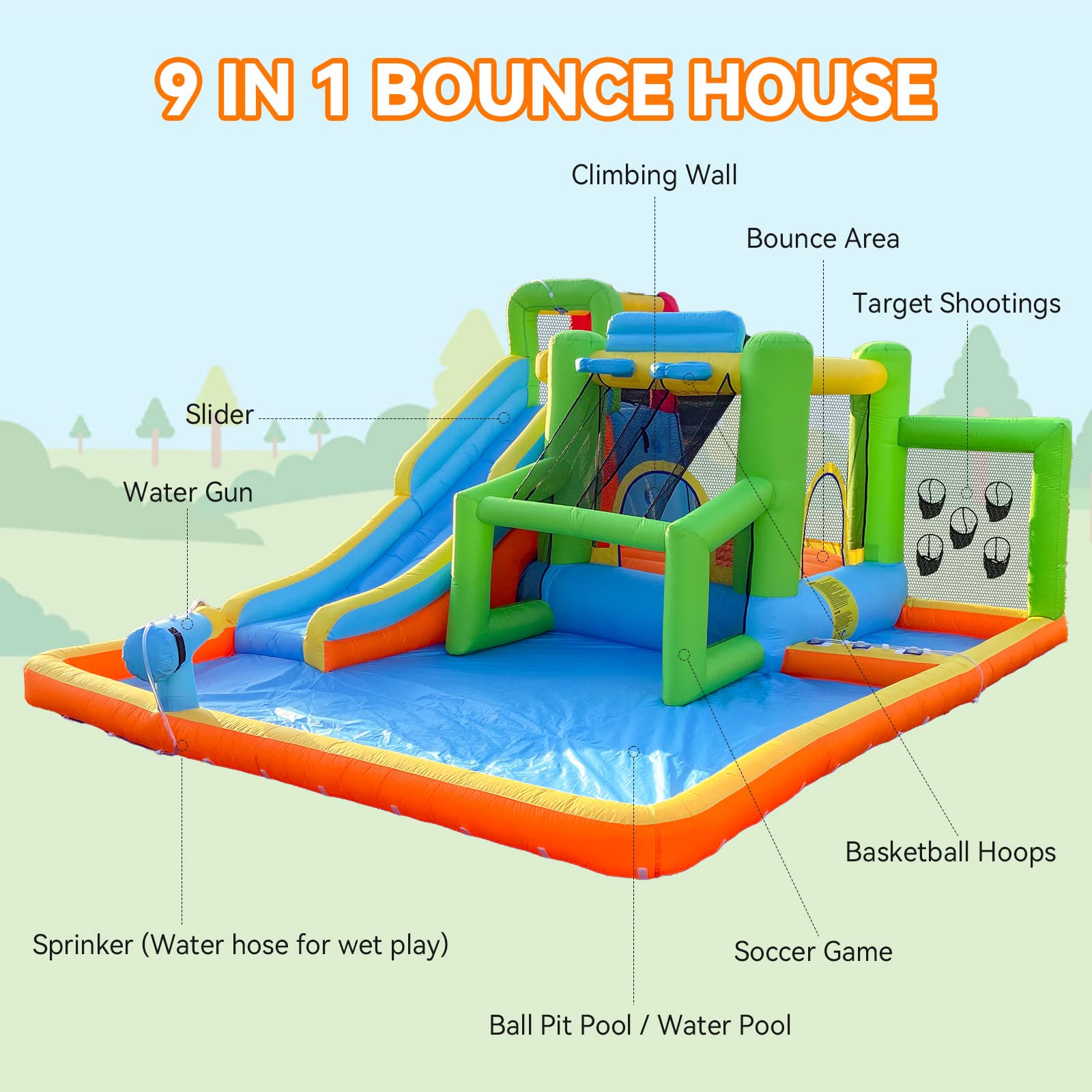 FBSPORT 9-in-1 Inflatable Bounce House Water Slide with 550W Blower - Kids Indoor/Outdoor Bouncy Castle with Ball Shooting, Water Gun, Splash Pool & Bounce Area | Perfect for Birthday Parties, Backyard Fun & Summer Water Play