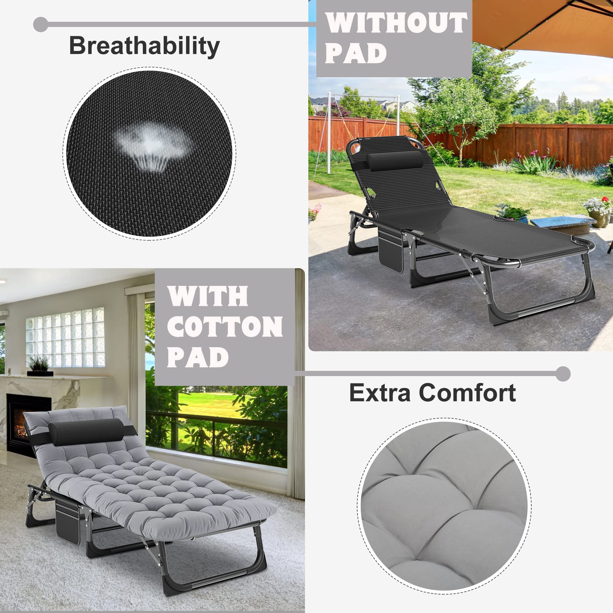 ABORON 5-Position Adjustable Folding Camping Cot for Adults - Portable Outdoor Sleeping Cot with Pillow, Reclining Lounge Chair for Beach, Pool, Lawn, Backyard & Camping - Perfect for Sunbathing, Relaxing & Travel