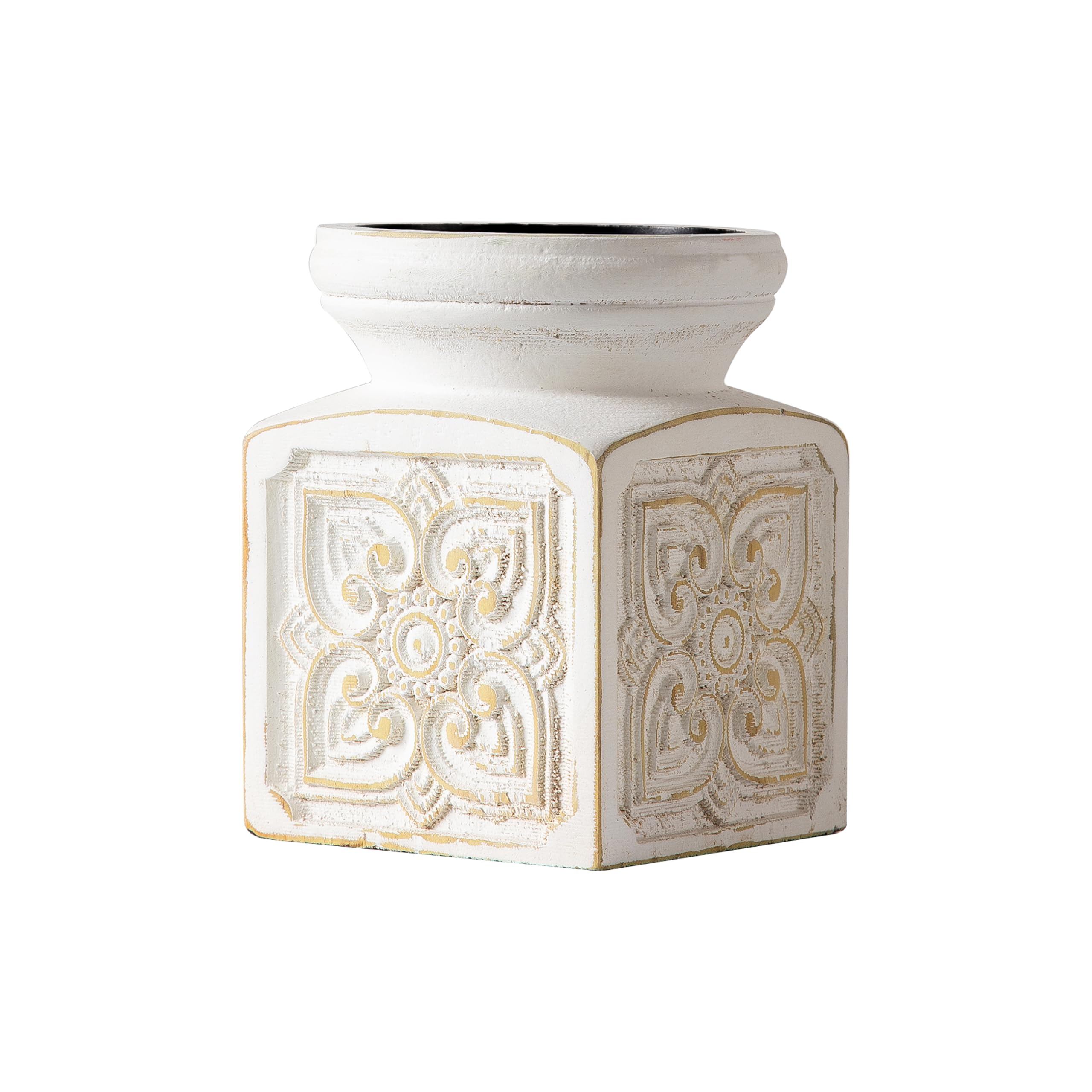 SOFE Antique White Wooden Candle Holder - Large Rustic Pillar Candle Stand with Floral Patterns, Handmade Table Centerpiece for Living Room, Wedding, Dining Room Decor - Perfect for Romantic Dinners, Holiday Decorations and Cozy Home Aesthetics