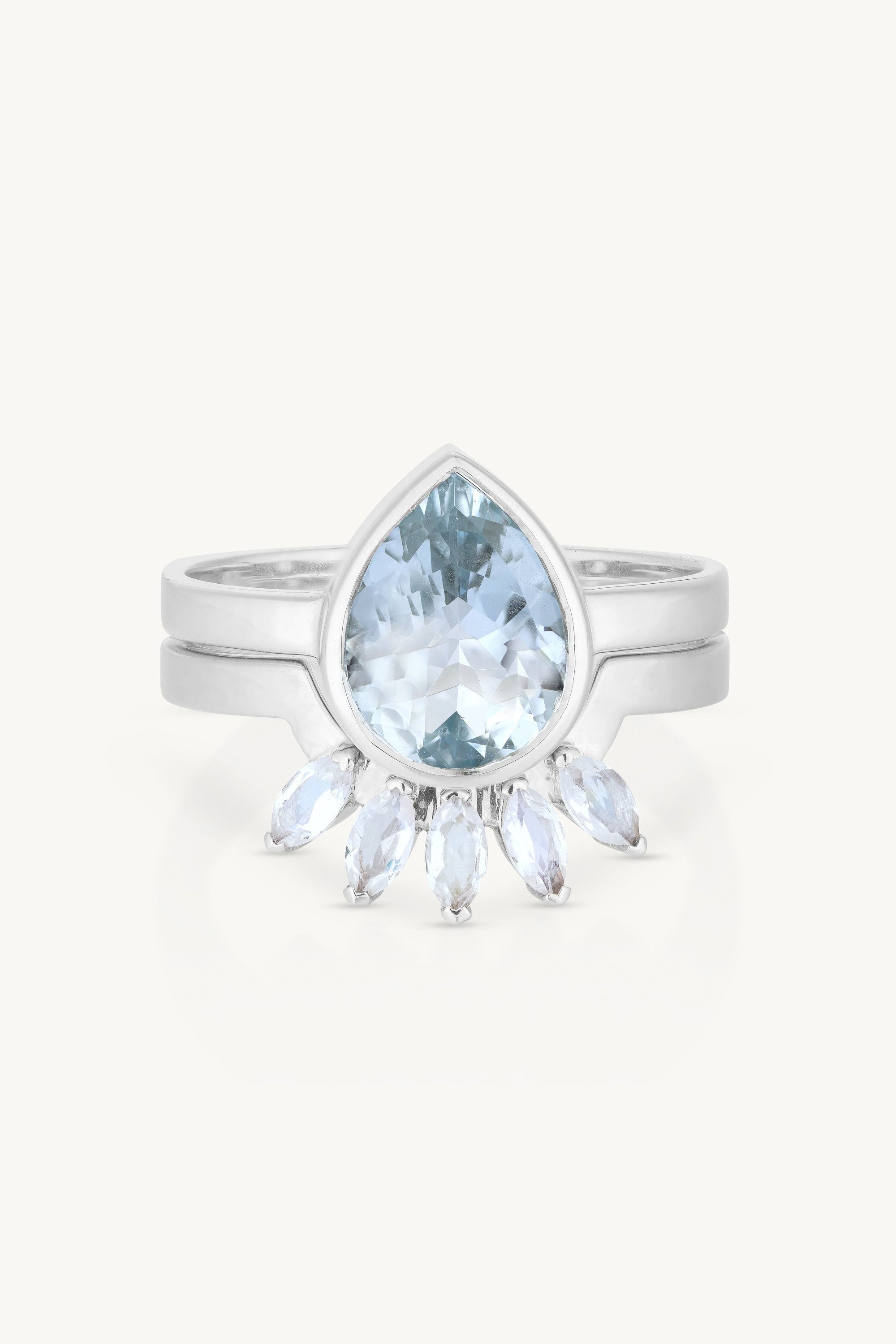 9K White Gold Double Stack Aquamarine Halo Ring - Elegant Stackable Gemstone Jewelry for Women, Perfect for Weddings, Anniversaries & Special Occasions