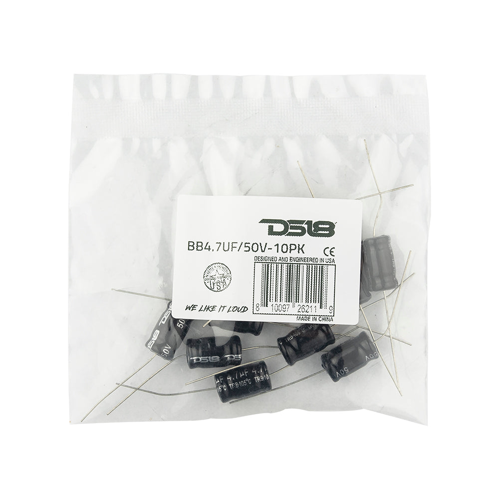 DS18 BB4.7UF/50V Bass Blocker Capacitor - 10 Pack for Car Audio Systems | 8.5KHz @ 4 ohms, 4.2KHz @ 8 ohms | 6DB/OCT Crossover Filter | Perfect for Tweeters & Midrange Speakers in Vehicles
