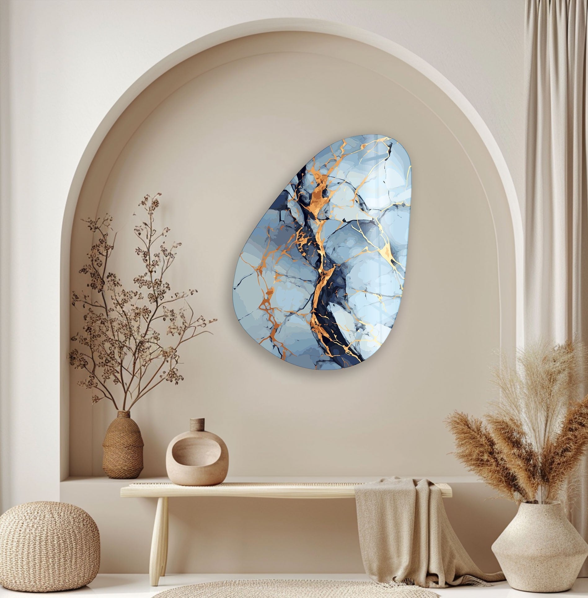Modern Asymmetrical Oval Light Blue Abstract Glass Wall Art - Handmade Contemporary Decor for Living Room, Bedroom & Office