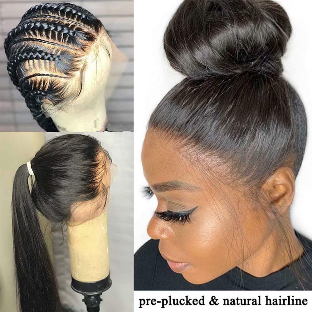 13x6 Lace Front Wig Brazilian Human Hair - Silky Straight 10A Grade Pre Plucked Bleached Knots with Baby Hair - Natural Black Small Cap 130% Density 10