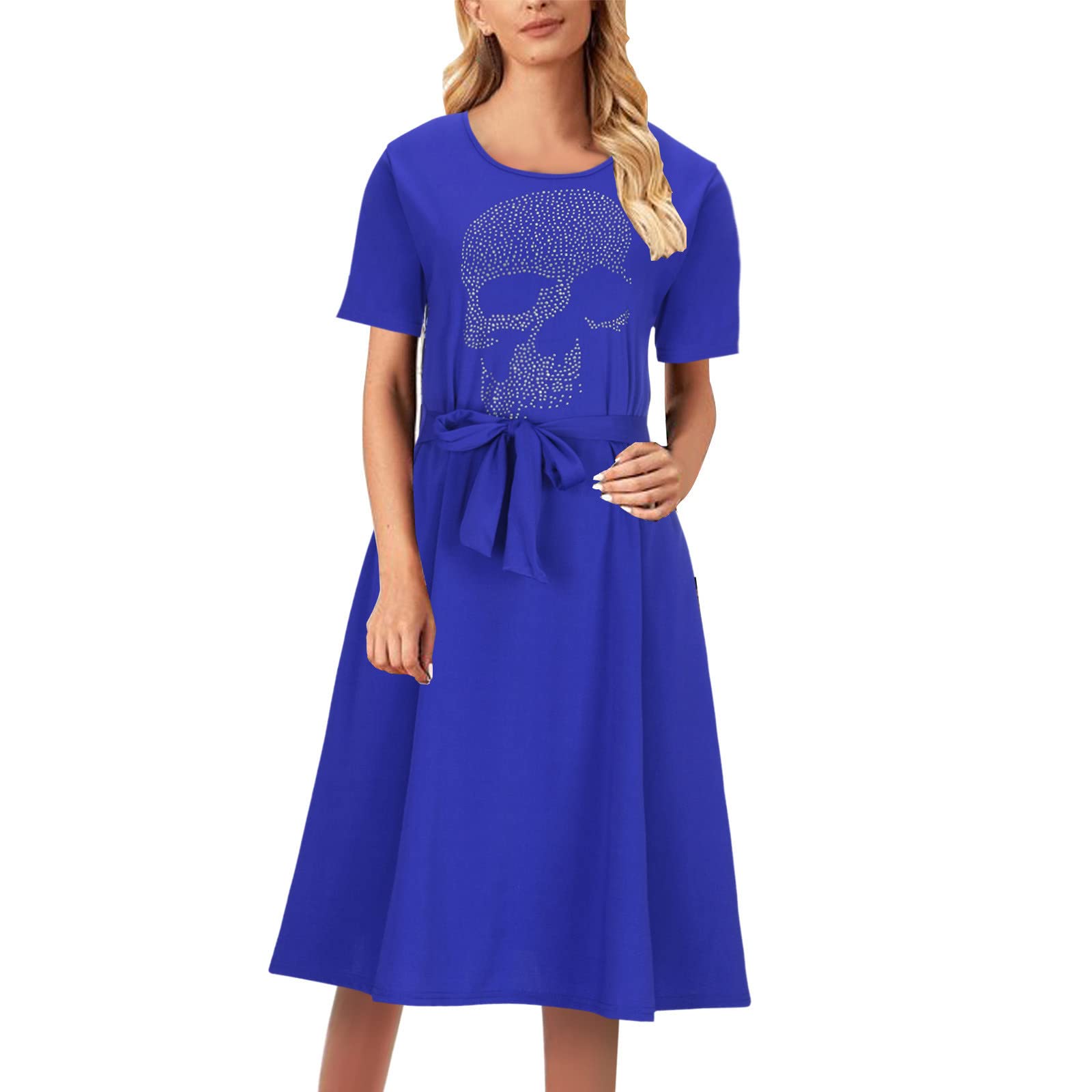 Halloween Skull Rhinestone Print Dress for Women - Short Sleeve A-Line Party Dress with Tie Waist & Back Zipper | Perfect for Costume Parties, Nightclubs & Gothic Events