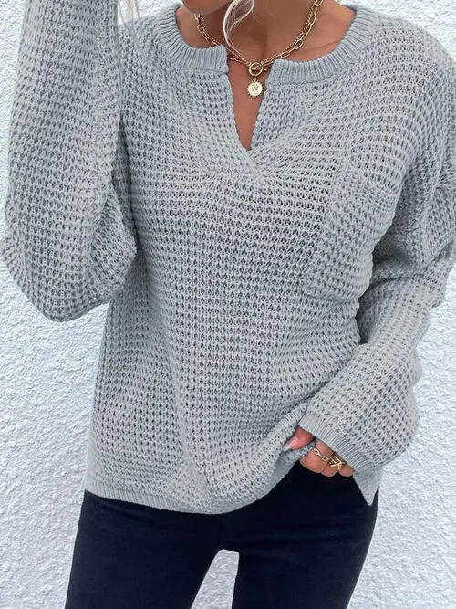 Notched Long Sleeve Sweater for Women - Cozy Knit Pullover with Ribbed Cuffs - Perfect for Fall & Winter Layering, Office Wear and Casual Outfits