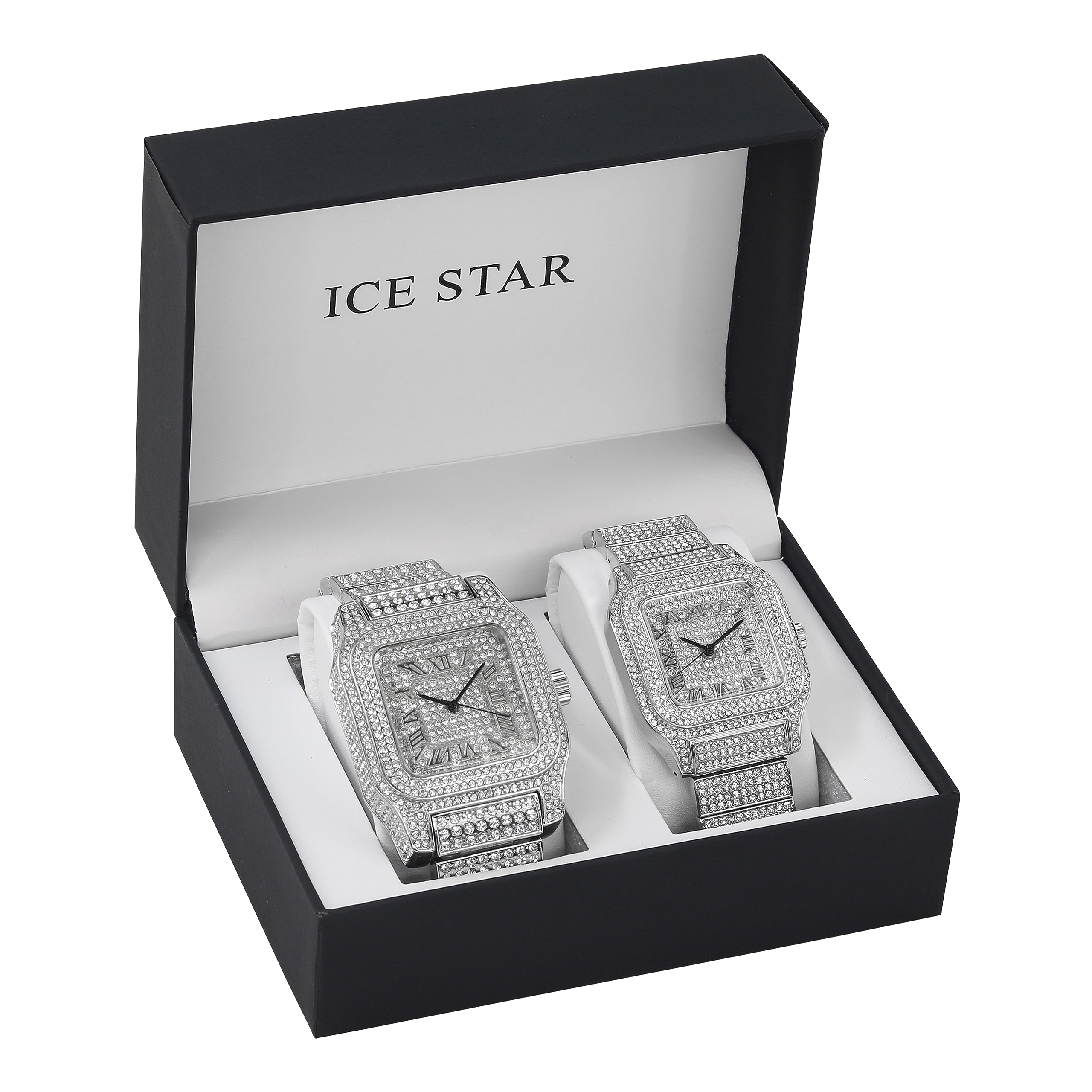 Luxury His & Her Iced Out Metal Band Watches Set - 2 Piece Matching Couple Watches for Anniversary, Wedding & Special Occasions | Waterproof Stainless Steel Dress Watch for Men & Women