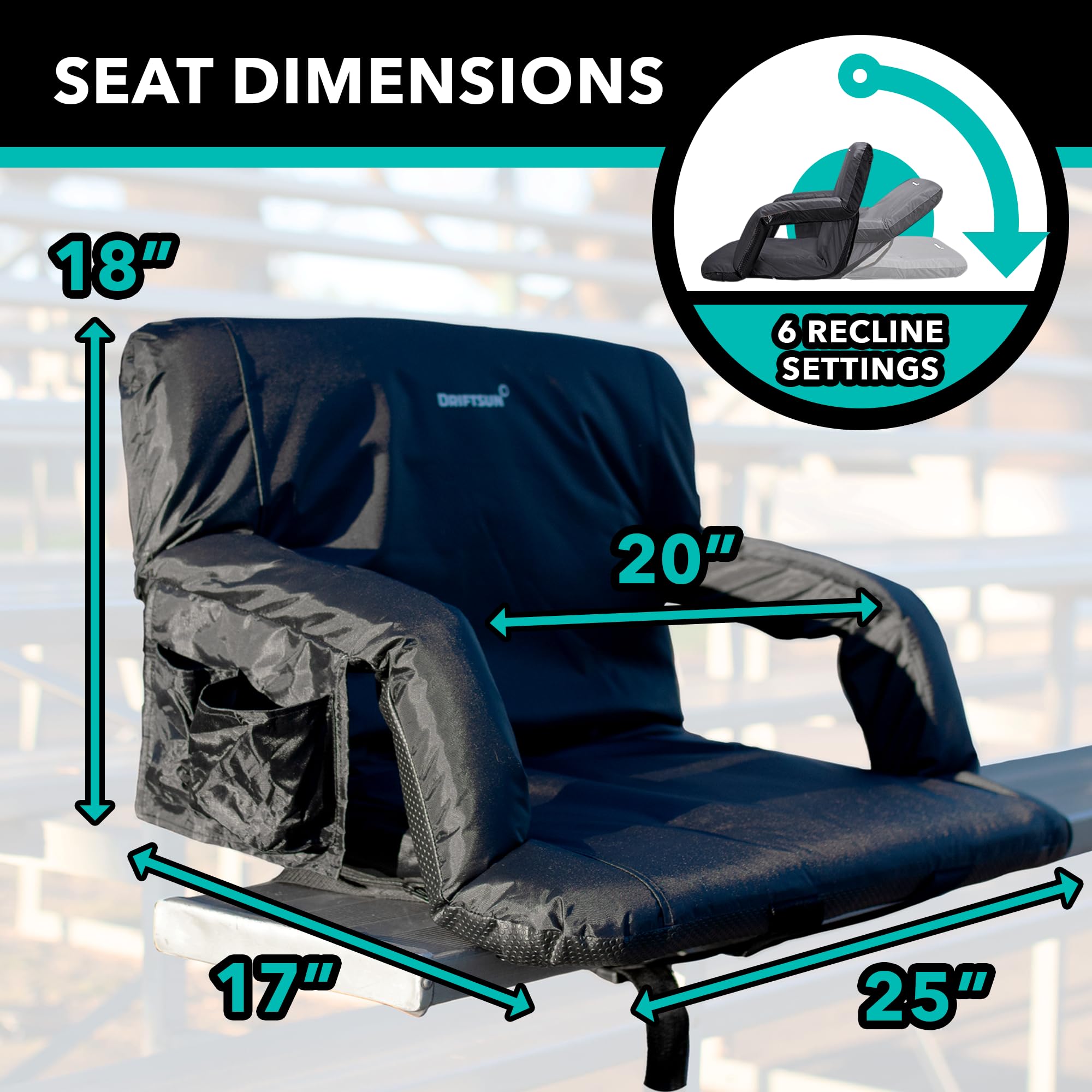 Driftsun 2 Pack Extra Wide Stadium Seats with Back Support - Foldable Bleacher Chairs for Outdoor Sports, Concerts & Camping - Waterproof Portable Stadium Chair for Football, Baseball & Picnics