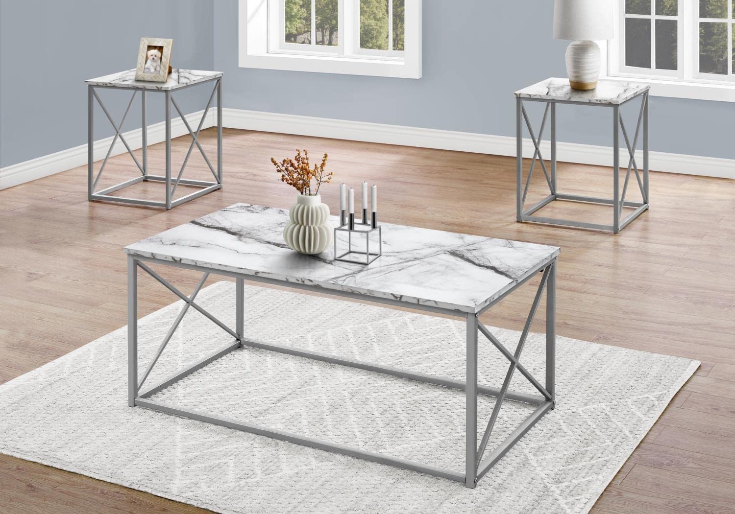 Monarch Specialties I 7953P 3-Piece Table Set - Coffee Table, End Table & Side Table - White Marble Look Laminate with Grey Metal Frame - Modern Contemporary Living Room Furniture for Small Spaces & Apartments
