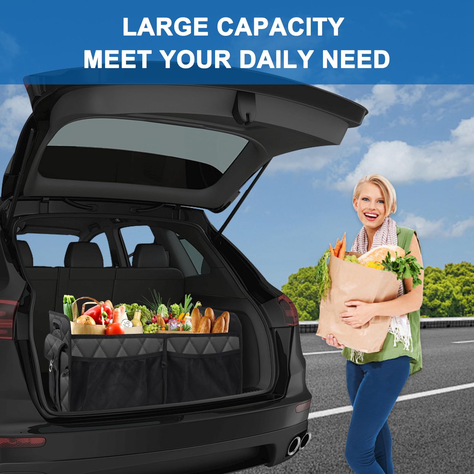 Collapsible Car Trunk Organizer - Portable SUV Storage Bag for Women & Men - Fits Any Car, SUV, Mini-Van - Black | Perfect for Road Trips, Grocery Shopping & Travel Accessories