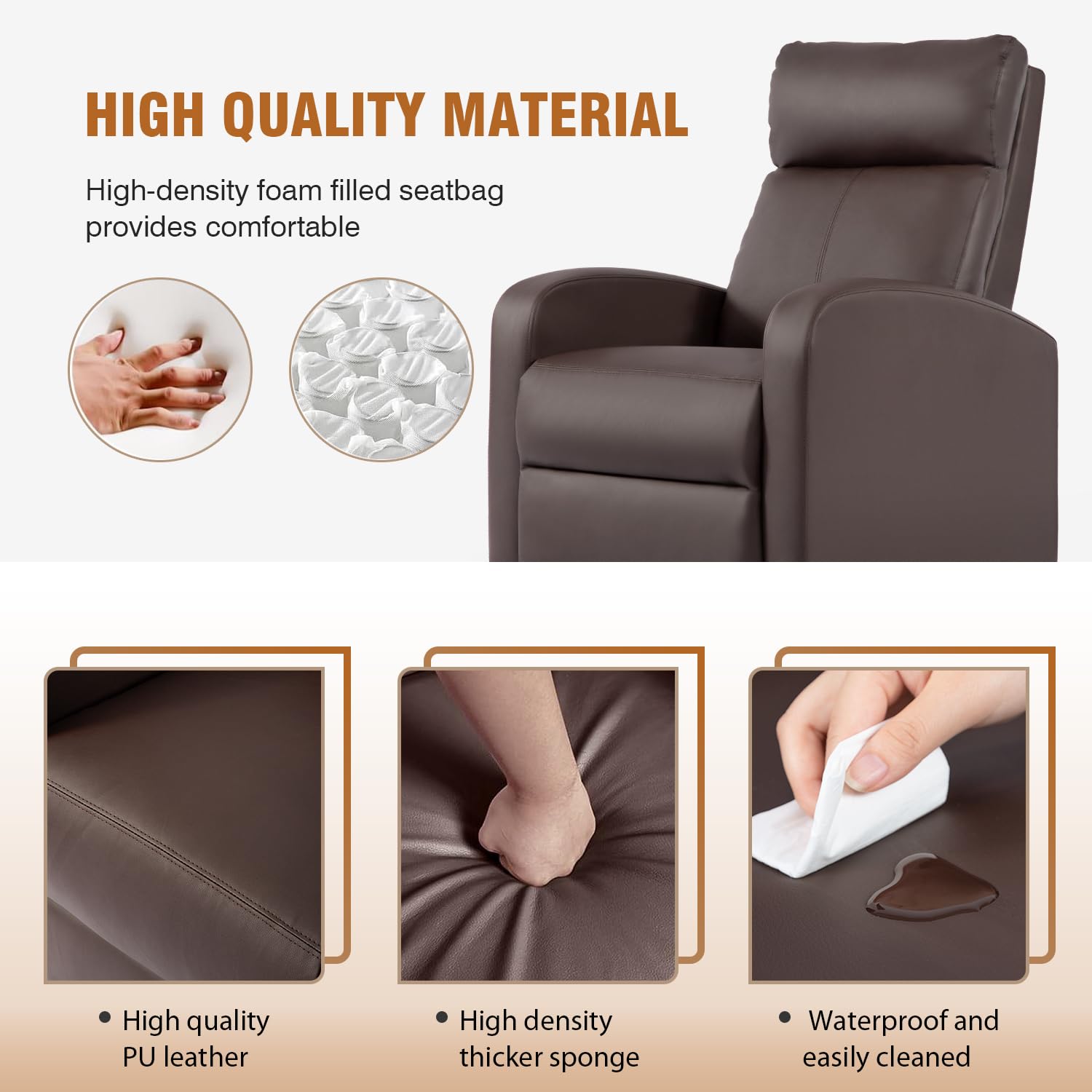 FDW Leather Recliner Chair - Single Reclining Sofa with Padded Seat & Backrest - Brown Home Theater Seating for Living Room, Lounge & Entertainment Spaces - Comfortable Chaise for Relaxing, Watching Movies & Reading
