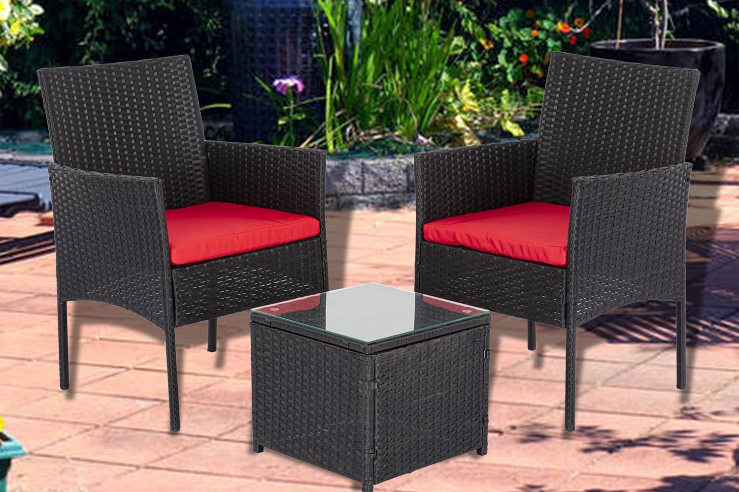 3-Piece Rattan Patio Furniture Set with Removable Cushions & Coffee Table - Black & Red Outdoor/Indoor Sofa Chairs for Garden, Balcony, Poolside & Backyard Relaxation