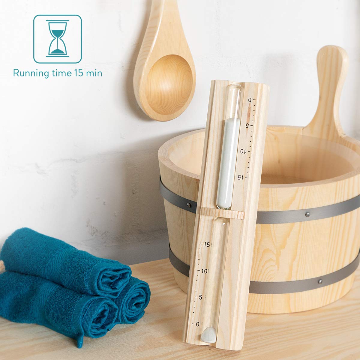 Navaris 15 Minute Wooden Sand Timer for Sauna - Pine Wood Hourglass Wall Mounted (11.6