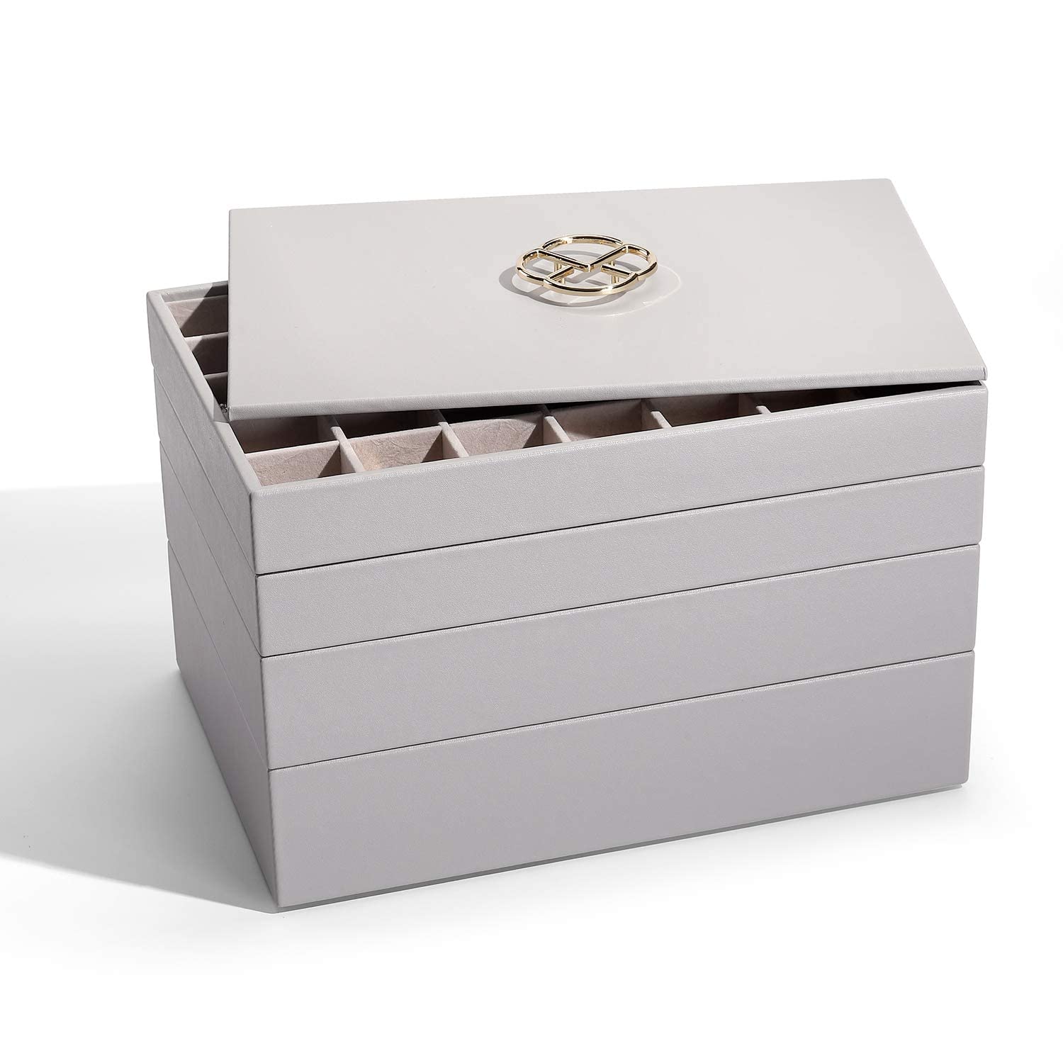 Vlando Jewelry Tray - 4-Layer Faux Leather Jewelry Organizer with Lid for Earrings, Necklaces, Bracelets & Rings - Desktop & Drawer Storage Solution for Women's Accessories - Perfect for Bedroom Vanity, Dresser Top or Travel Jewelry Case (Grey)