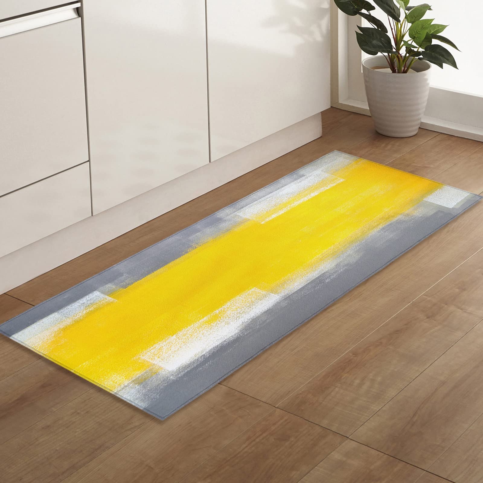 Abstract Art Runner Rug - Non-Slip Low Profile Hallway Carpet in Gradient Yellow & Gray - 18