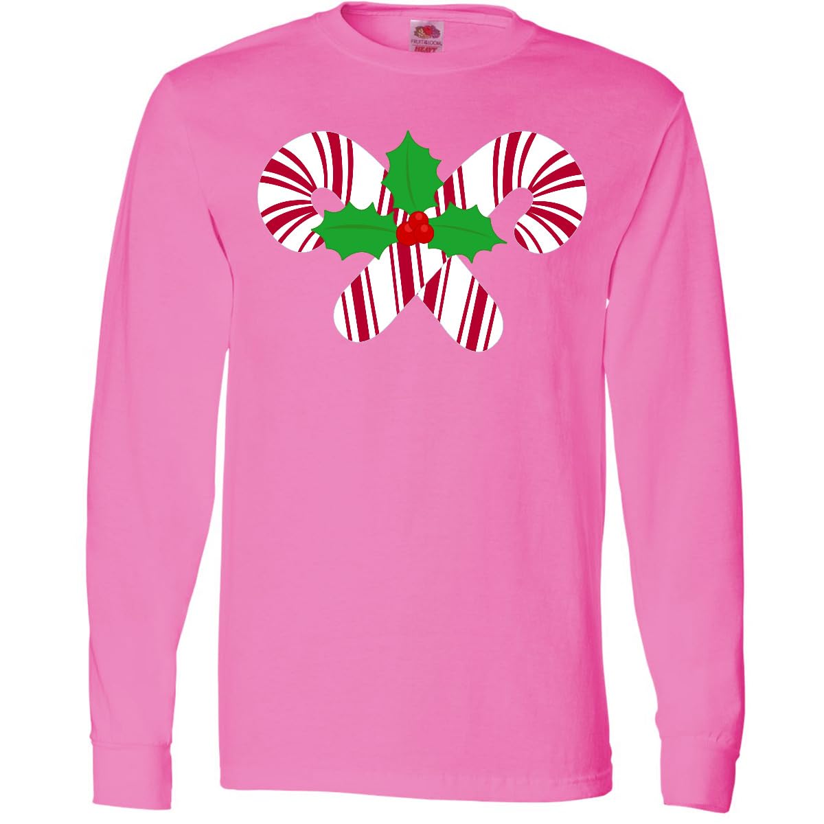 Inktastic Candy Canes and Holly Christmas Adult Long Sleeve T-Shirt - Festive Holiday Gift for Women & Men - Perfect for Christmas Parties, Family Gatherings & Winter Outfits