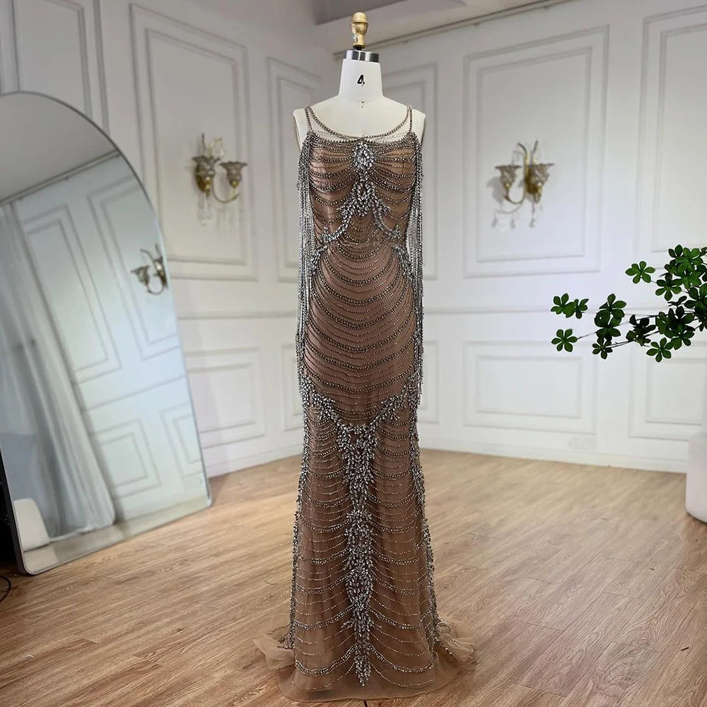 Luxury Crystal Tassel Evening Dress for Women - Dubai Caramel Wedding Prom Gown with Spaghetti Straps | Formal Party Dress LA72468 | Perfect for Weddings, Galas & Special Occasions