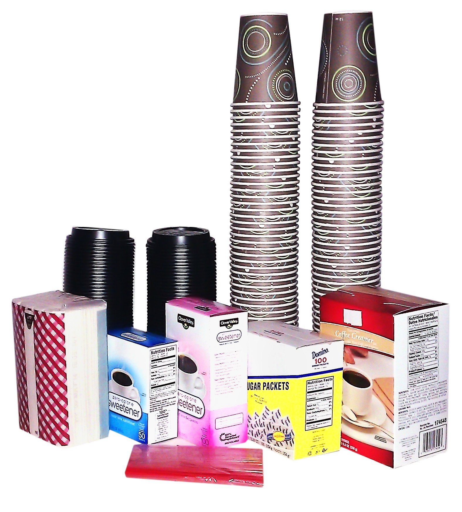 Premium Coffee Club Pack - 100 Cups Kit with Lids, Stir Sticks, Creamer & Sweeteners (Sugar, Saccharin, Aspartame, Sucralose) - Perfect for Office, Meetings & Home Brewing - Bonus Items Included!