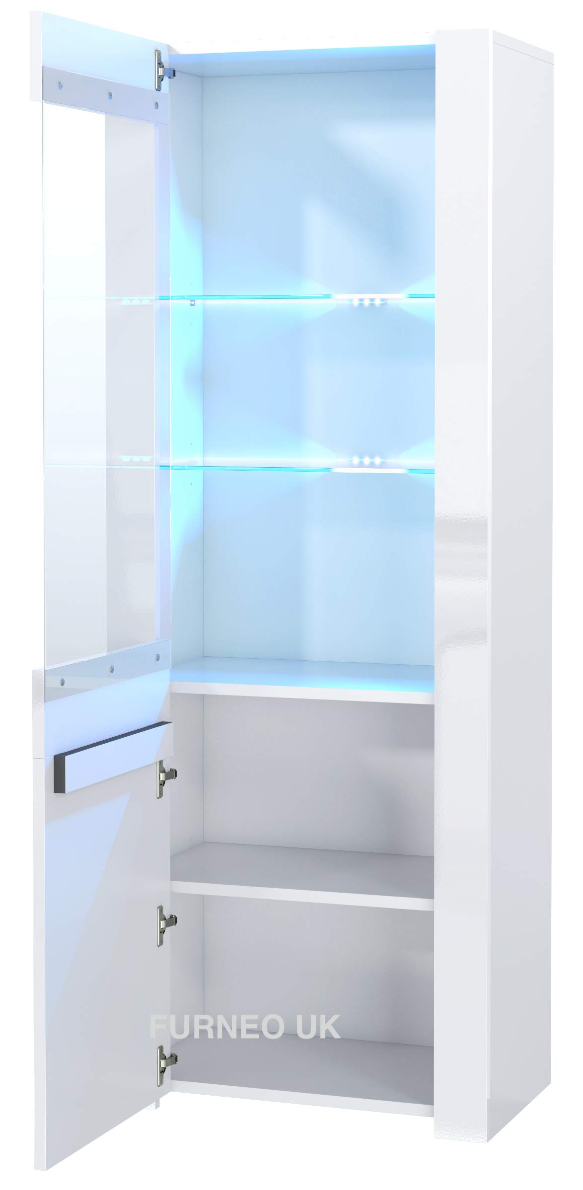 Furneo Modern Display Cabinet with High Gloss & Matte White Finish - Milano09 Design with Blue LED Lights - Perfect for Living Room, Dining Room & Retail Store Displays