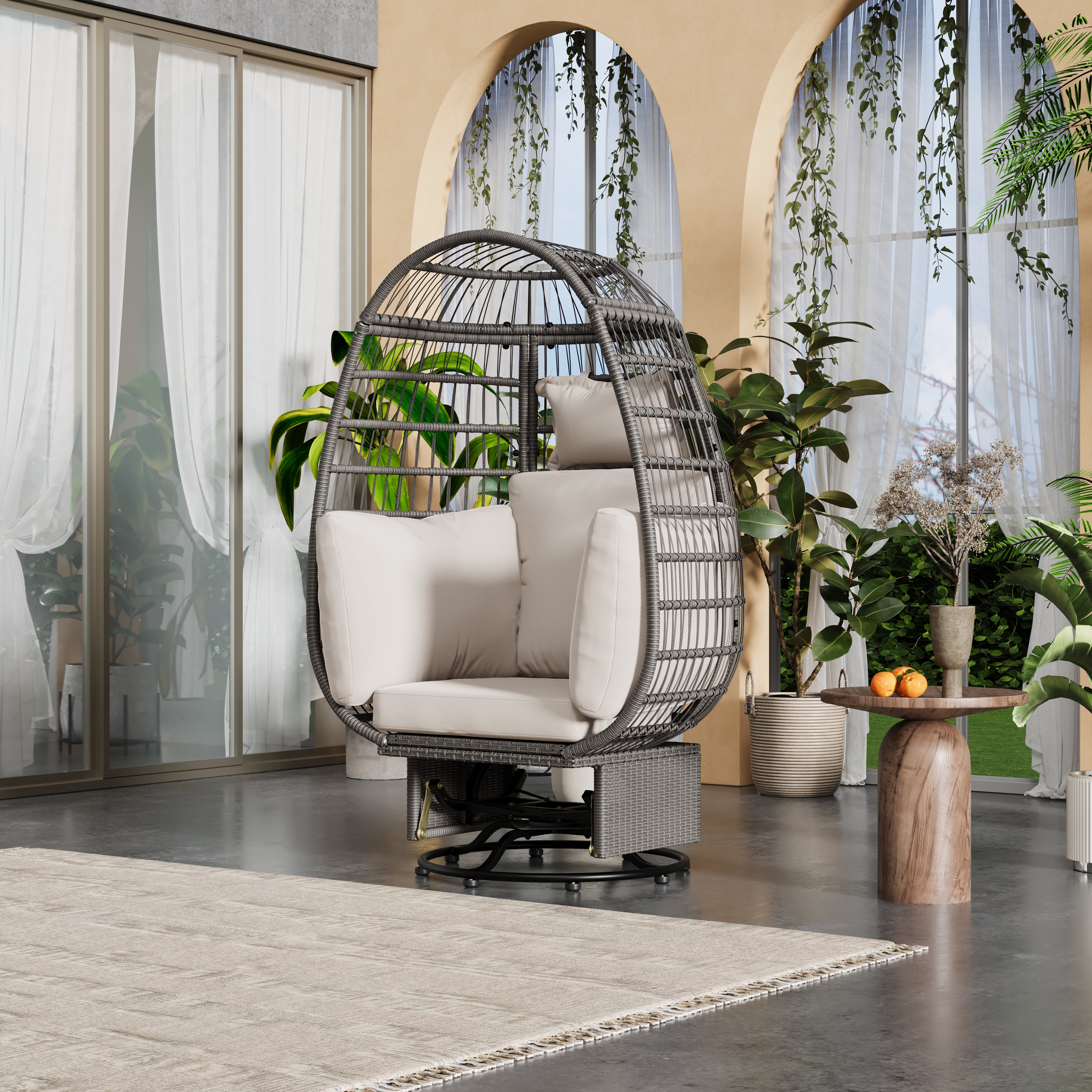 Outdoor Swivel Rocking Chair with Cushions - Rattan Egg Patio Chair for Balcony, Poolside, Garden - Perfect for Relaxing, Lounging & Sunbathing